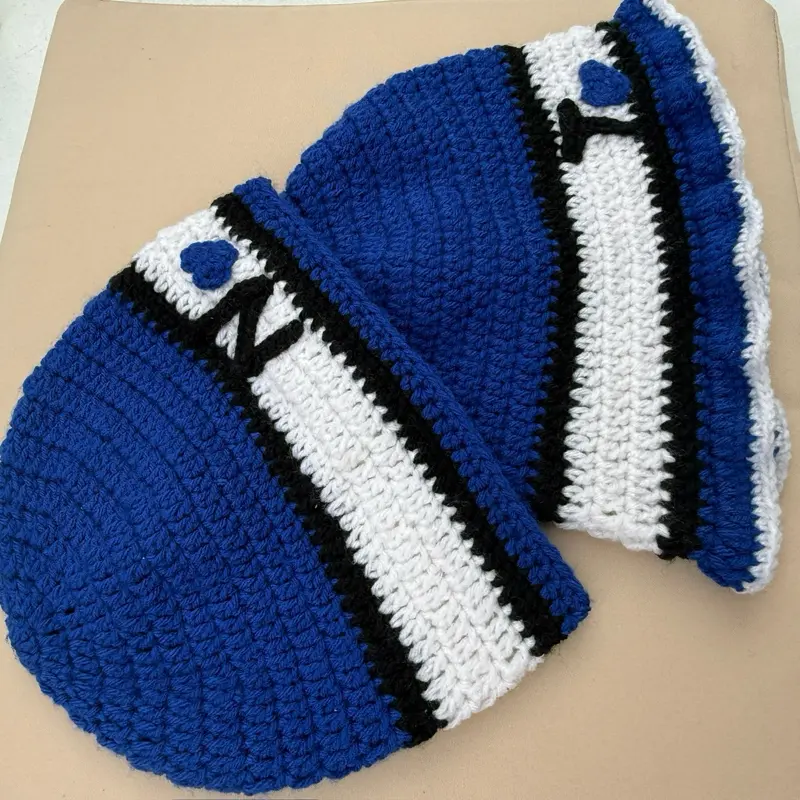 Matching Couples Crochet Beanie Set | Blue Black White Handmade Hats | His & Hers Streetwear Beanies