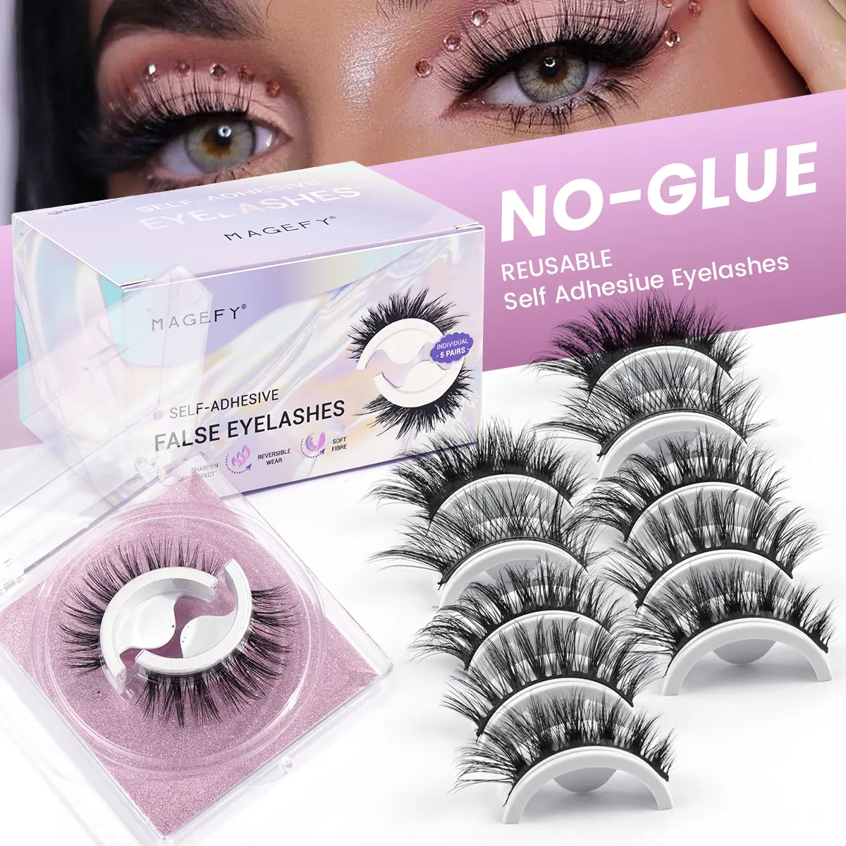 MAGEFY No Glue False Eyelashes 5 Pairs,Pre-Glued Self Adhesive Lashes,Reusable Press On Lashes with Extra Adhesive Strips Travel Friendly#DealsForYouDays#SummerWins