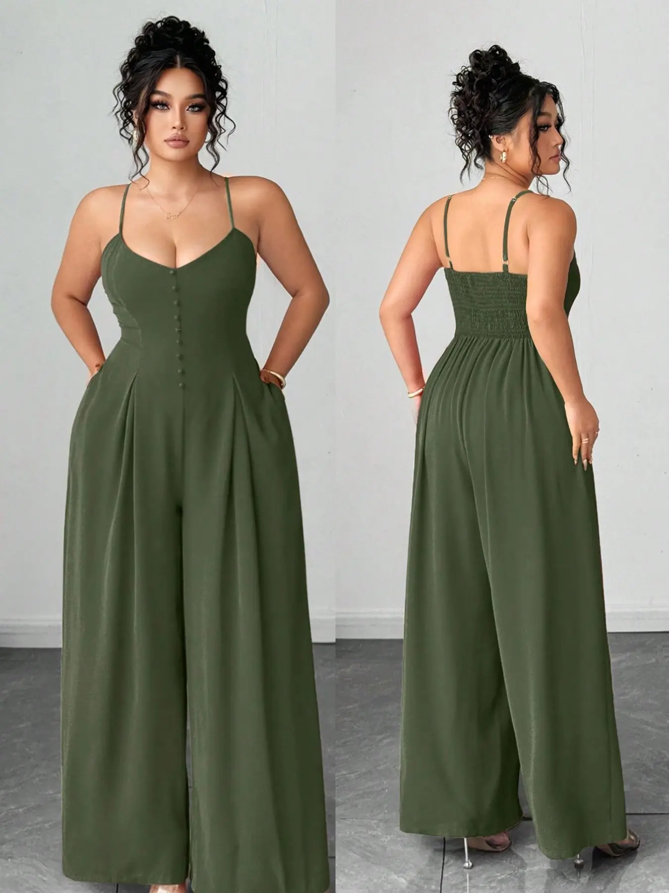 Elegant Casual Plus-Size Women's Spring-Summer Wide-Leg Fit Jumpsuit with Adjustable Button Shoulder Straps and Pleated Waist Womenswear