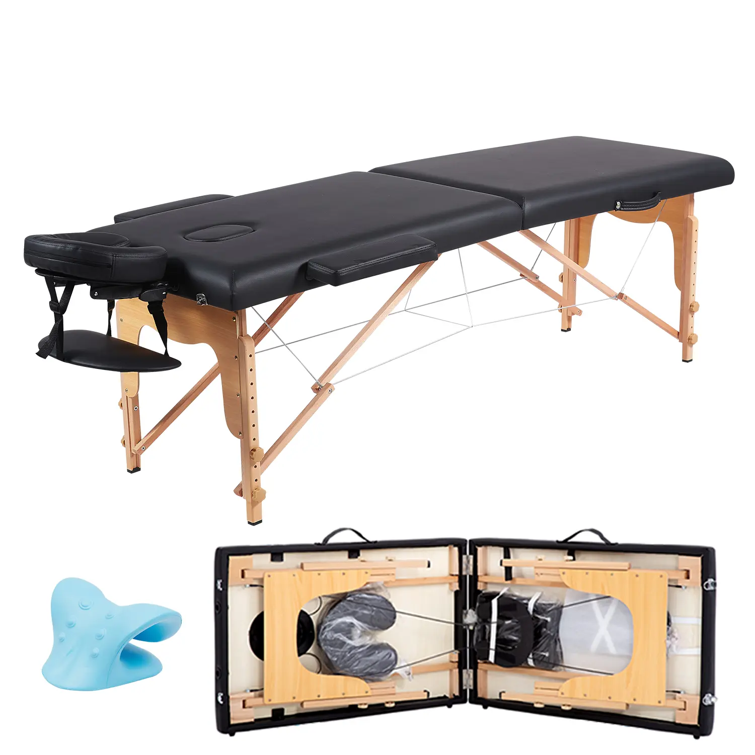 Modern PU Leather Portable Massage Table - Salon Equipment with Neck Stretcher, Adjustable Beauty and Tattoo Bed for Eyelash Extensions, Black, Sturdy