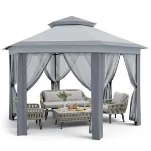 13X13 Pop Up Gazebos,Outdoor Canopy Tent with Mosquito Netting, Double Vented Roof Sun Shelter with Adjustable Heights,for Patio Furniture,Grey