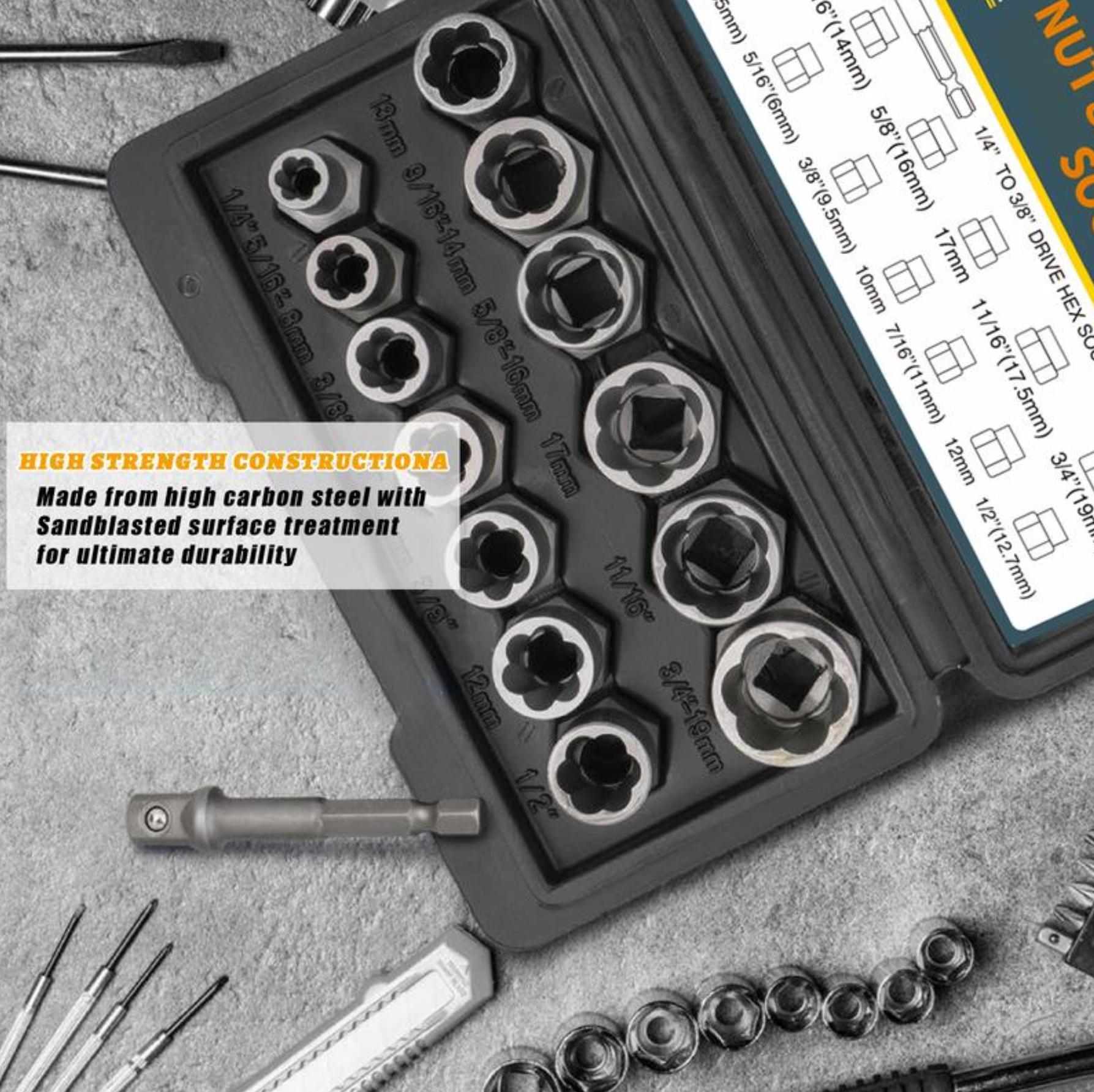 【FathersDayGift】 Bolt Extractor Tool Set, 13+1 Counts Impact & Nut Remover Stripped Lug Remover, Drive Rounded Bolt Remover for Removing Damaged, Frozen Universal Impact impact bolt