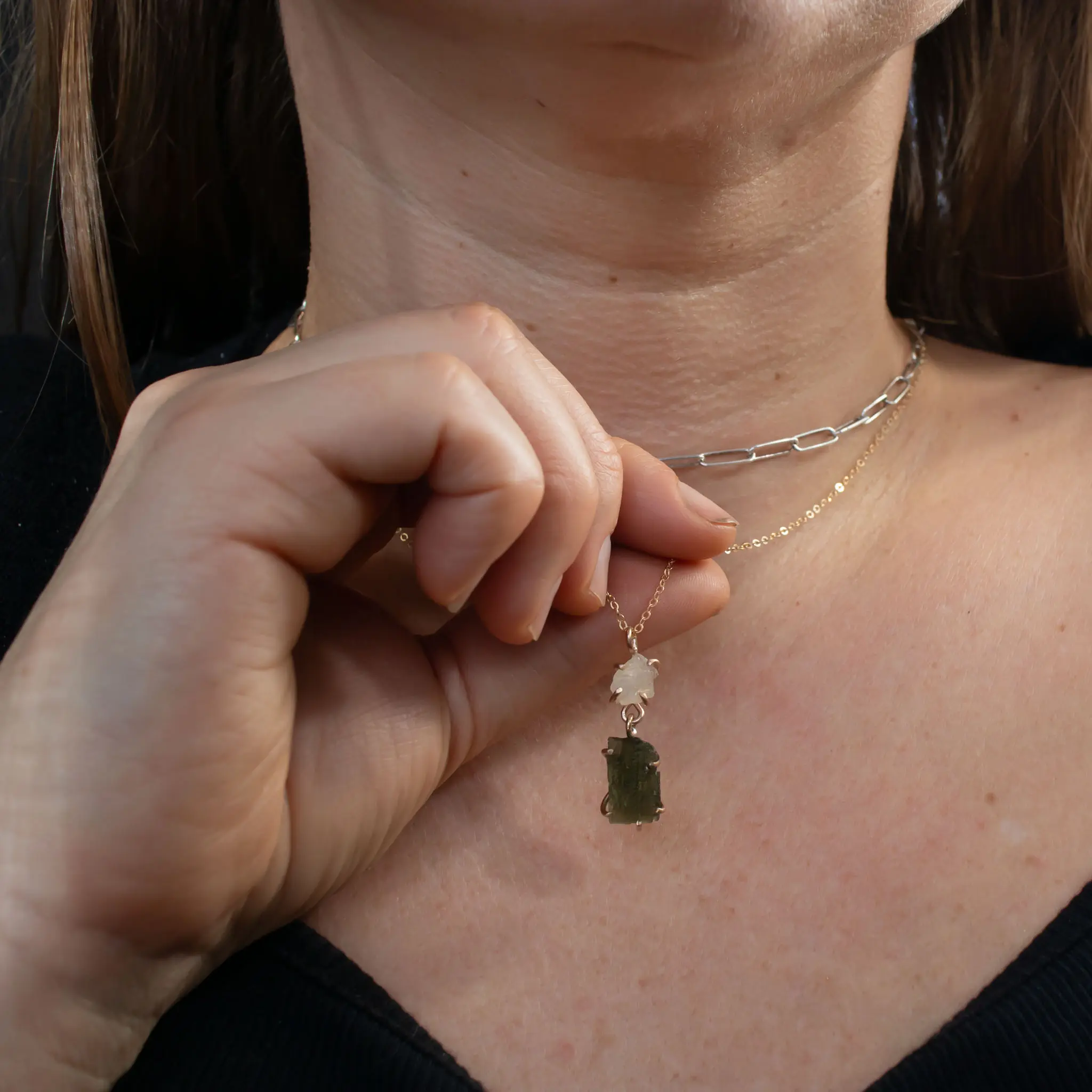 Moldavite with Phenakite Pendant in 14k Gold Filled or  925 sterling Silver, handmade, made to order: rare Ukrainian Phenacite, Moldavite with certificate from Czech Republic, real moldavite, raw crystal pendant, silver necklace