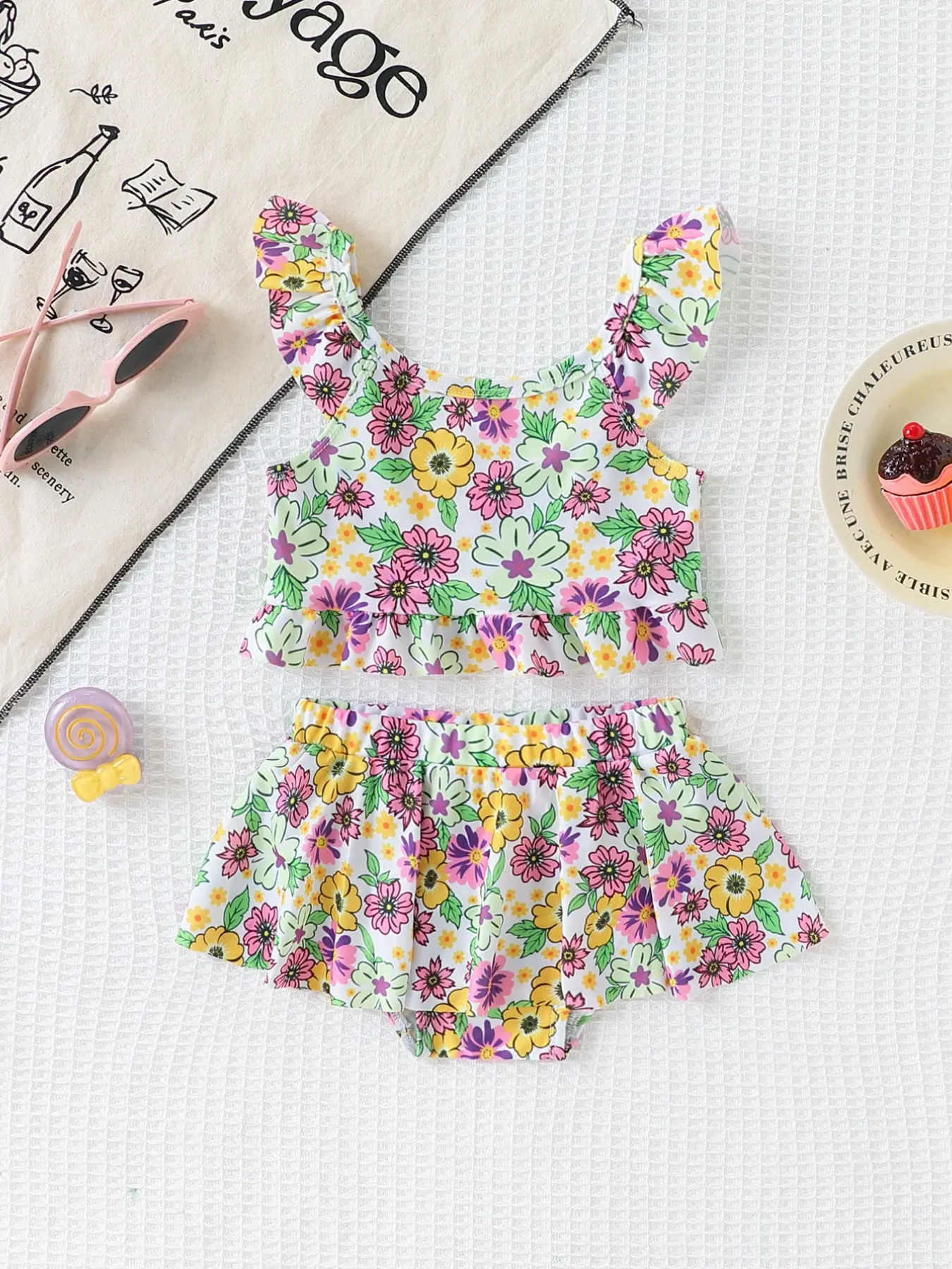 Girls' Floral Print Ruffle Sleeve Bikini Set, Swimsuit Set, Quick-Dry Kids Swimwear, Beach Pool Swimming, 2-Piece Summer Fashion