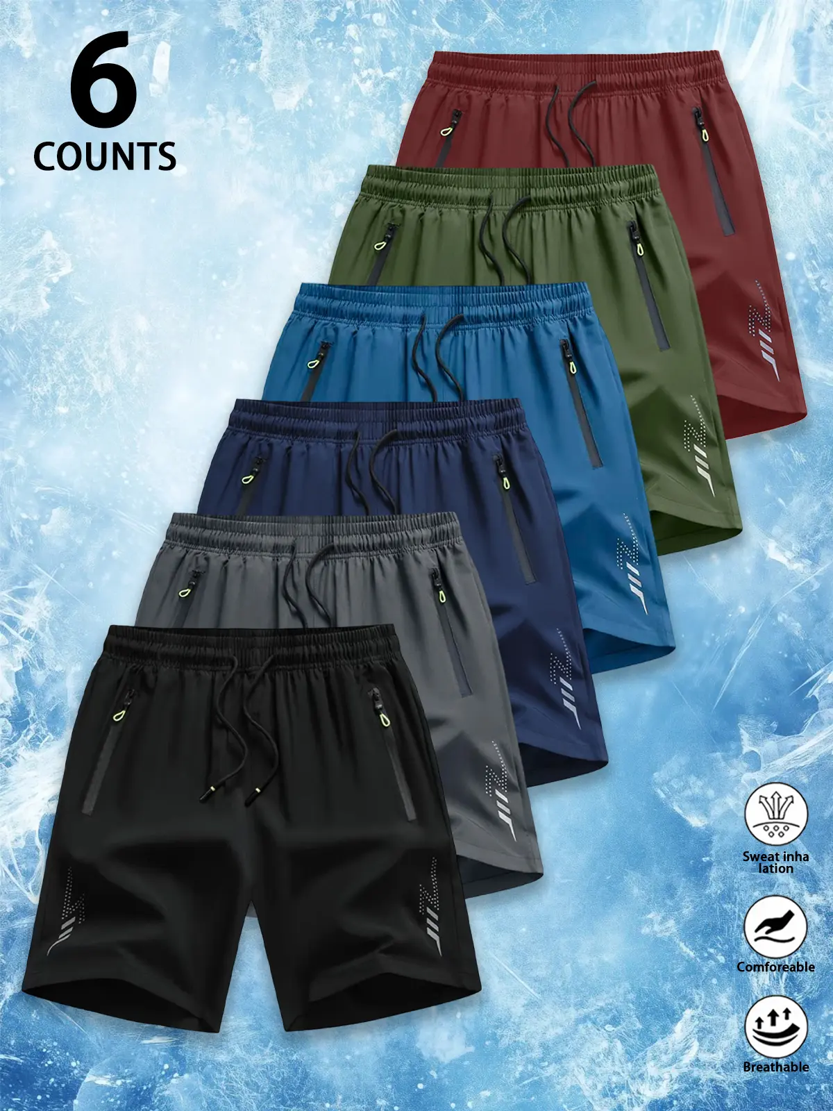 6 Counts Men's Premium Ice Silk Quick Dry Athletic Shorts, Luxury Performance Cooling Drawstring Elastic cure Zipper Pockets & Reflective Detail, Designer Loose Fit Breathable Lightweight Workout Shorts for Gym,Quick-Dry Elastic Athletic Shorts Set
