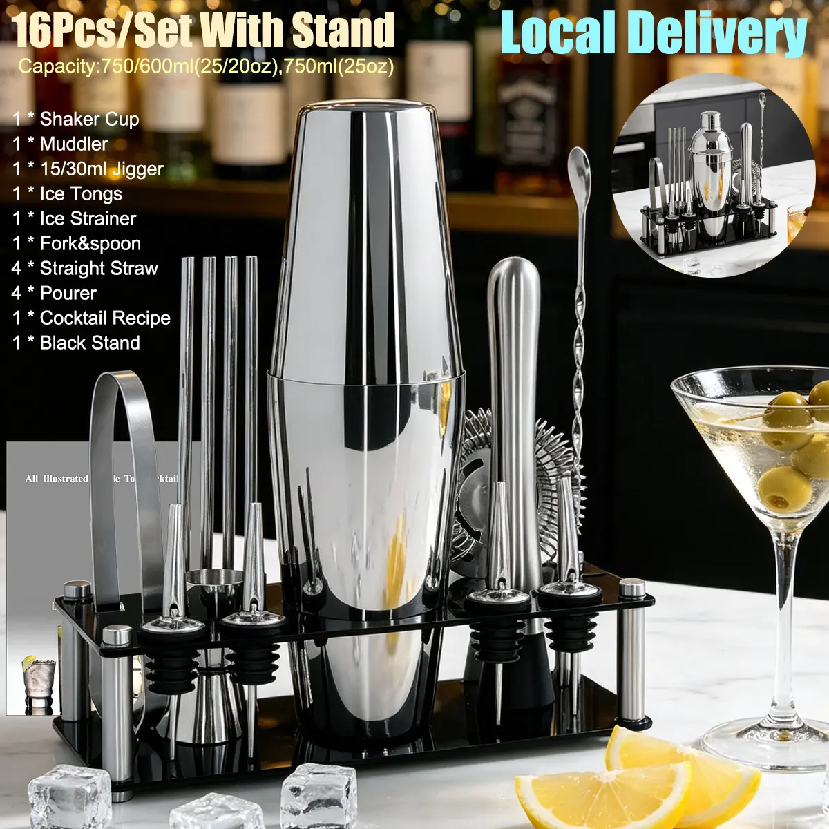 14-Piece Kitchenware Bartender Kit with Stand, 750/600ml (25/20oz) Cocktail Shakers, Spoons, Cup, Drink Utensils & Cocktail Recipes for Bartending