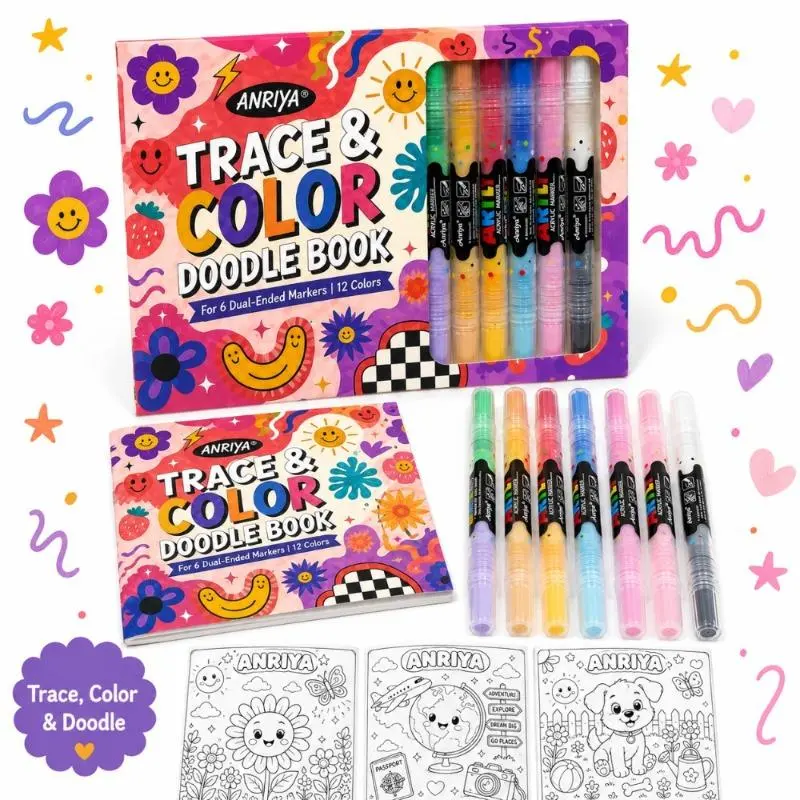 Back to school shopping-ANRIYA Trace & Color Art Set, 6 Dual Tip Drawing Pens with Complimentary Doodle Coloring Book, 12 Colors Smooth Markers for Outlining, Sketching, Journaling, Coloring & DIY Craft Making