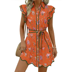 Wenrine Women's Summer Button Down Shirt Dress Casual Collar V Neck Floral Ruffle Sleeve Boho Beach Vacation Mini Dresses