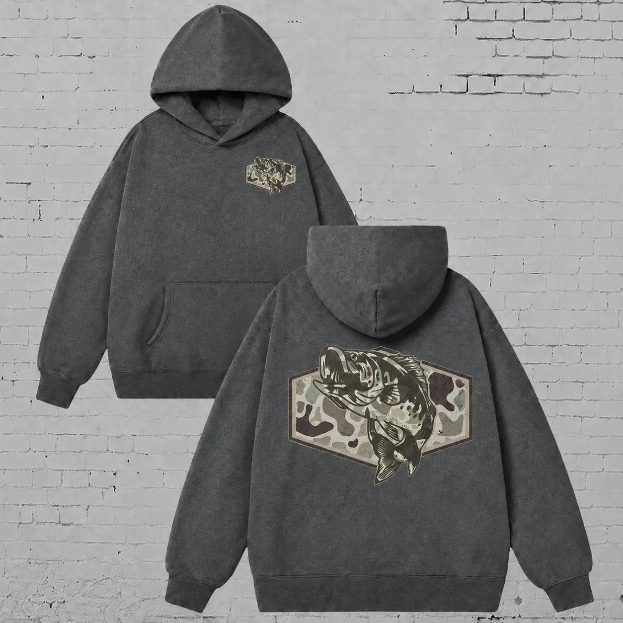 Vintage Fishing Graphic Hoodie – Oversized Washed Black Pullover Hoodie with Front & Back Print, Outdoor Casual Streetwear Sweatshirt for Men, Fishing Lover Gift Menswear Outfit