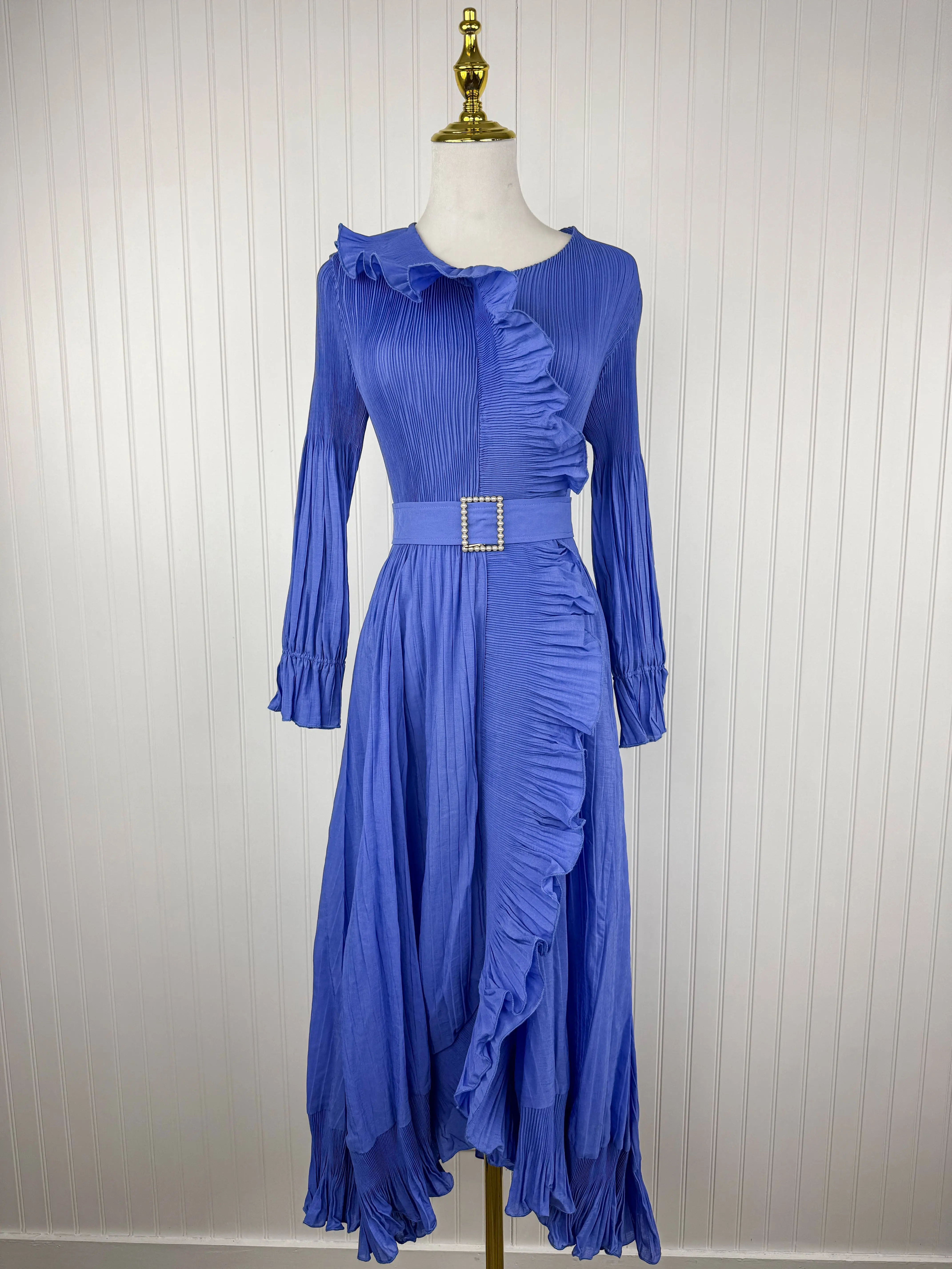 The Pearl Buckle Dress in Royal Periwinkle