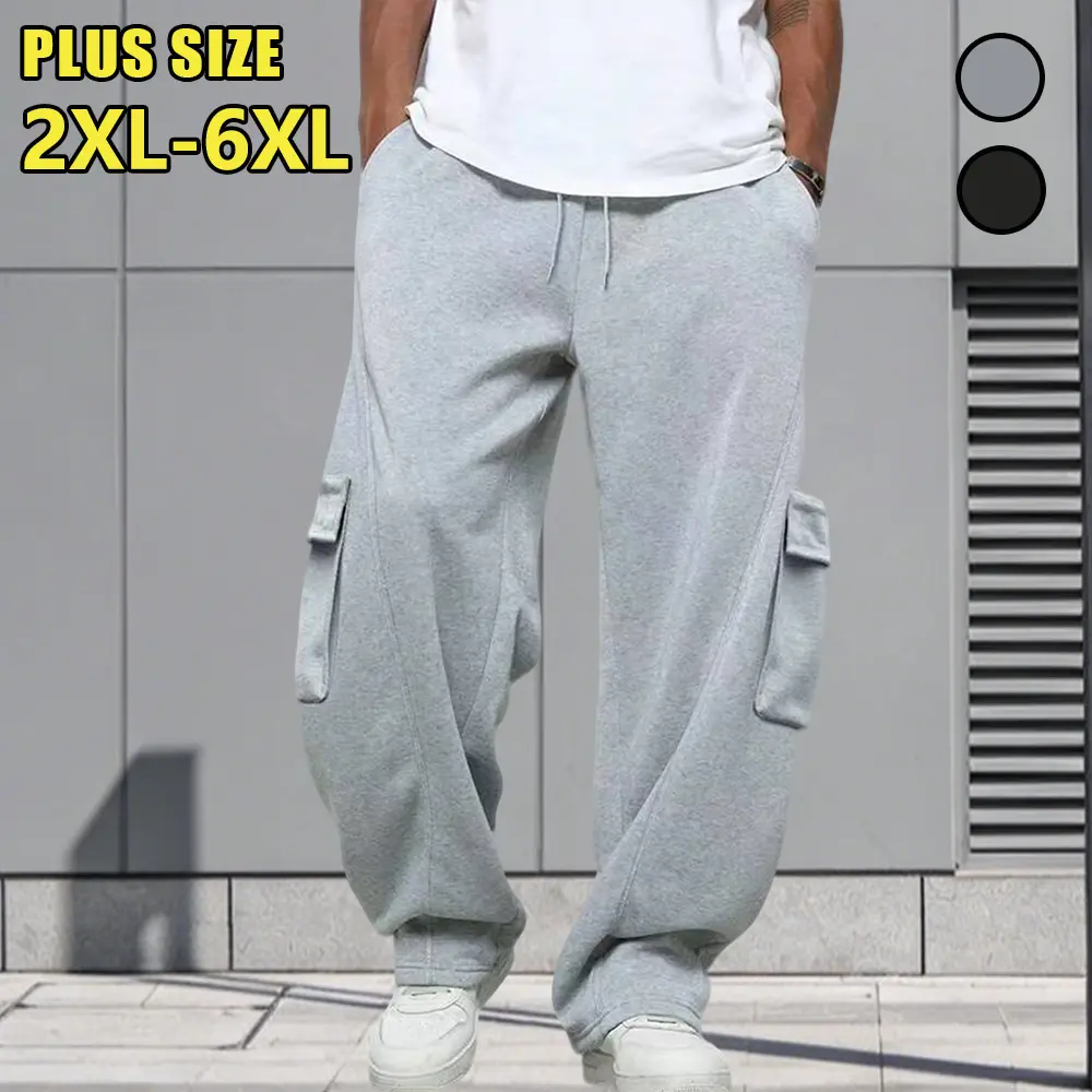 2XL–6XL Plus Size Men Cargo Sweatpants with Multiple Pockets — Comfortable, breathable, loose drape, wide straight-leg athletic pants; solid color functional style, floor-length casual cargo pants suitable for daily commuting, leisure, and outdoor activit