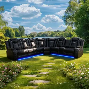 A Ainehome Black Breathing Leather 3-Piece Living Room Recliner Sofa with Adjustable Headrests & USB Charging Ports for Comfort & Convenience Luxury LED Set