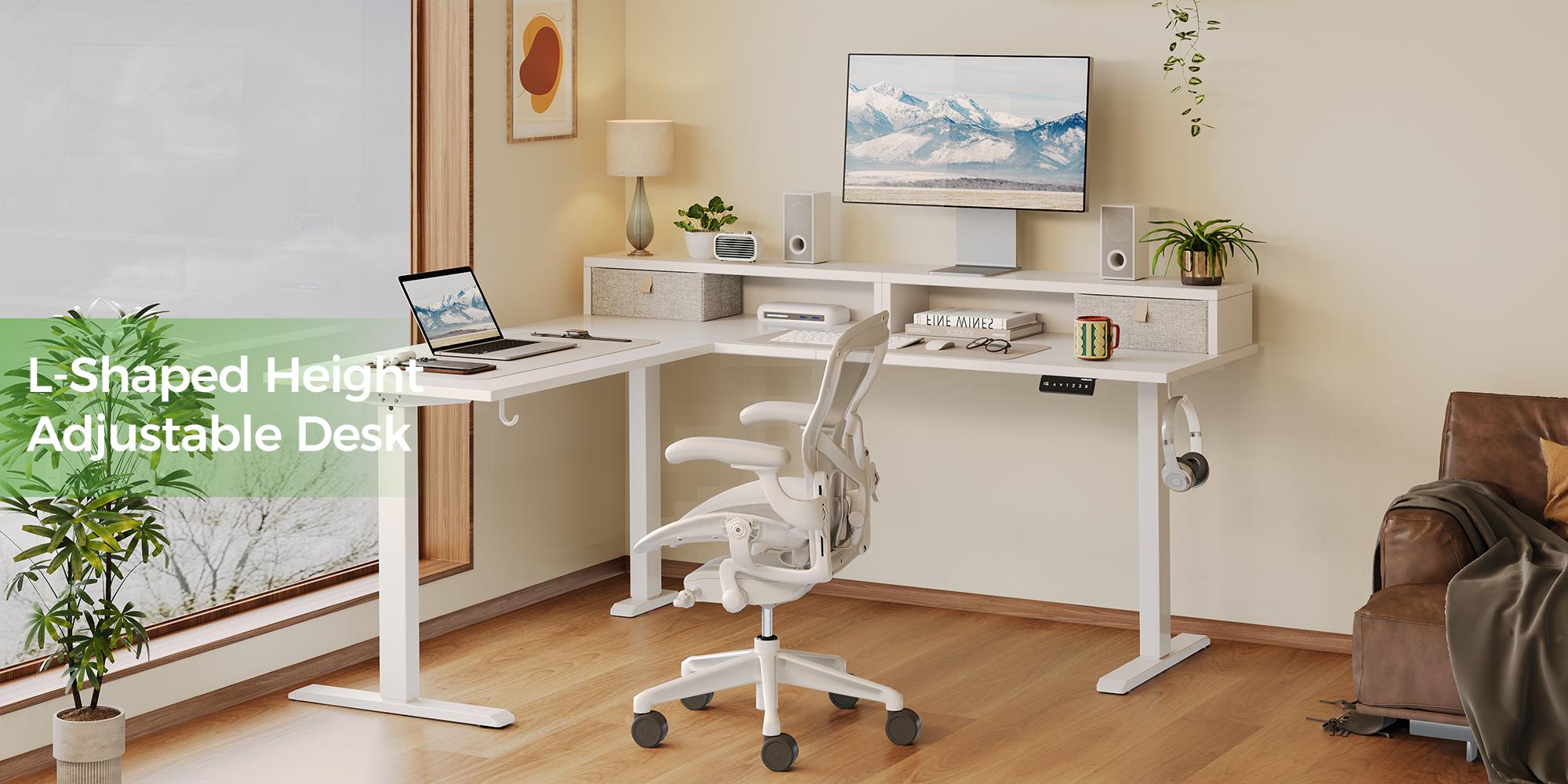 Agilestic L Shaped Standing Desk with Drawers & Monitor Shelf, Electric Height Adjustable Corner Desk, Ergonomic Home Office Computer Desk with Hooks & Cable Management,Gaming Desks Gifts for Men and Women,Black/Rustic Brown/White/Light Rustic Brown