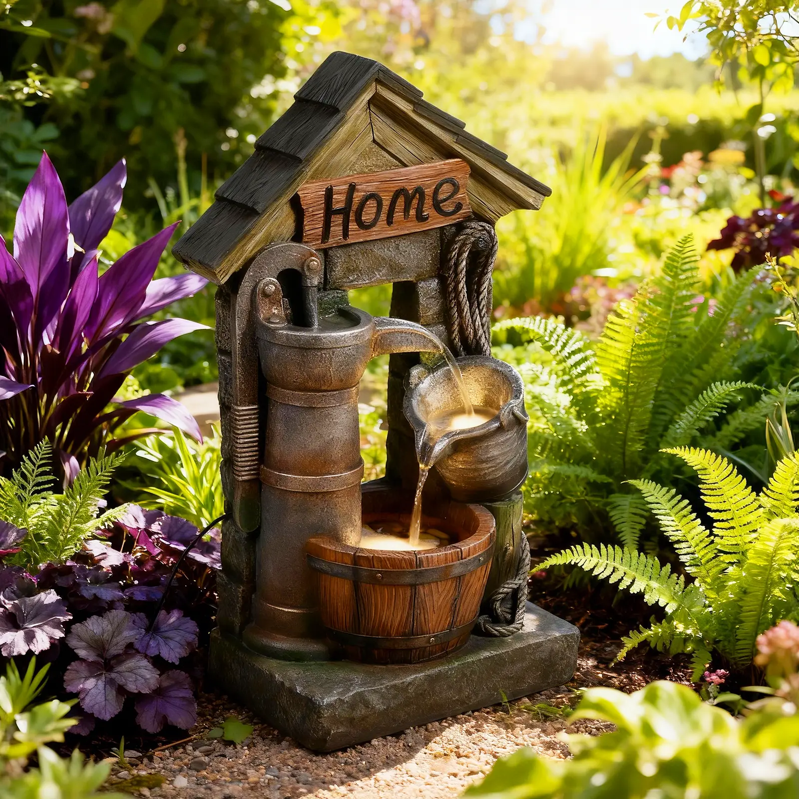 28.7 in Wall-Mounted Outdoor Water Fountain - 3-Tier Vintage Rustic Water Pump Cascading Wishing Well, 2 Placement Options, for Garden Décor, Fountains & Bird Baths, Patio Use