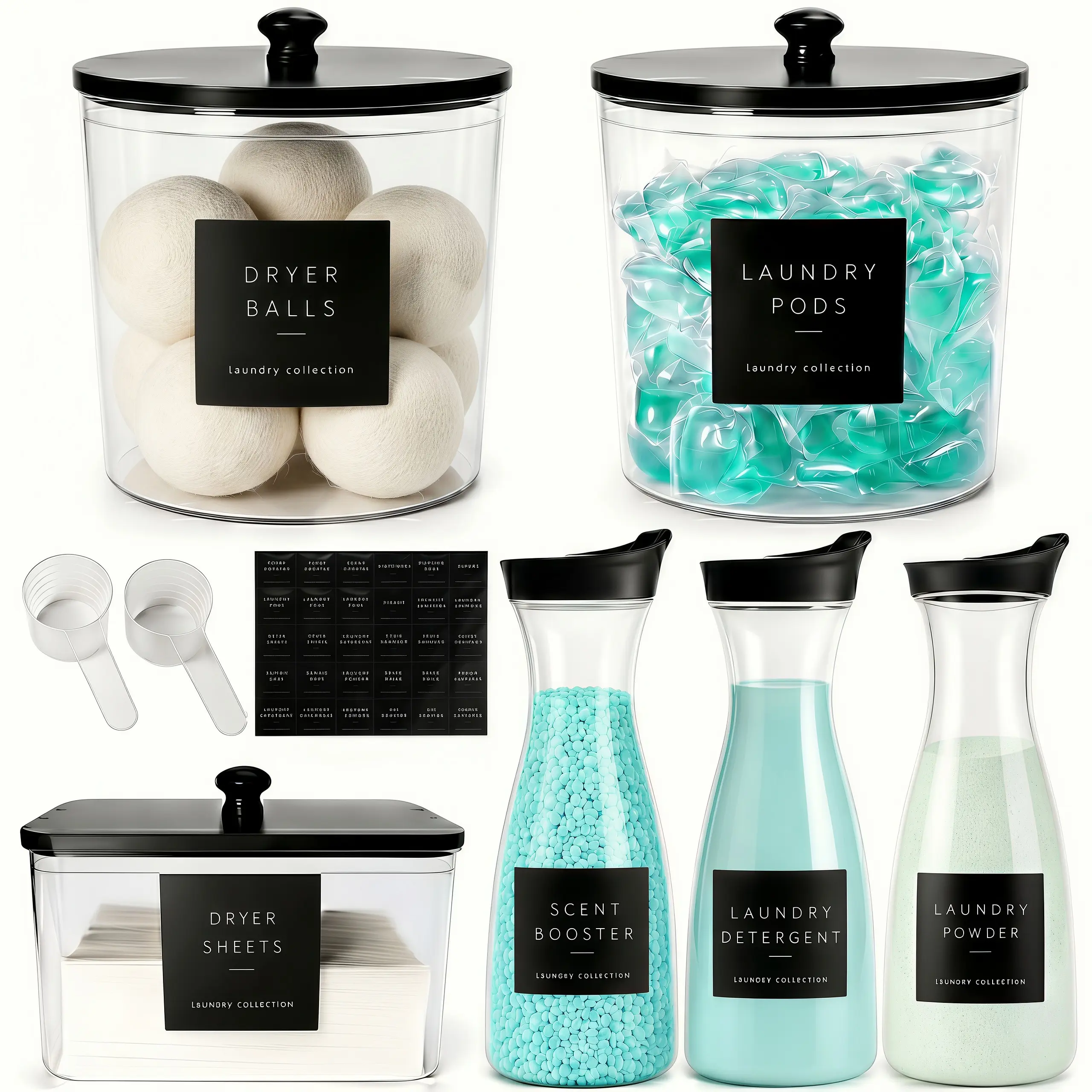 6 Pack Laundry Pods Containers & Dryer Sheet Holder & Laundry Detergent Dispenser, Laundry Room Organization and Storage Jars with Lids, Labels and Scoops for Scent Booster, Powder, Pods, Clear Laundry Room Organization Containers