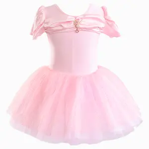 Girls’ Pink Satin Bow Puffy Skirt with Gold Dot Mesh Ballet Dance Performance Costume
