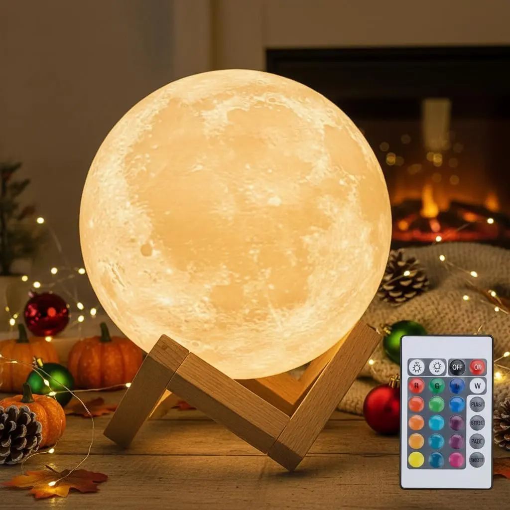 3D Moon Lamp, 16-Color LED Lights Bedroom with 148 Modes, Rechargeable Dimmable Night Light with Remote & Wooden Stand, Mom Gift, Cool Room Decor Home Decor Items Room Accessories for Bedroom Décor, Aesthetic Room Decor