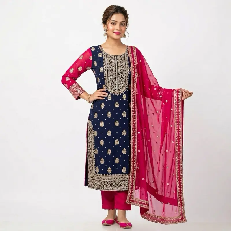 Women's Traditional Indian Wedding Dress - Lady's Bridal Dress with Red-Navy Blue Color Scheme, Wedding Dresses