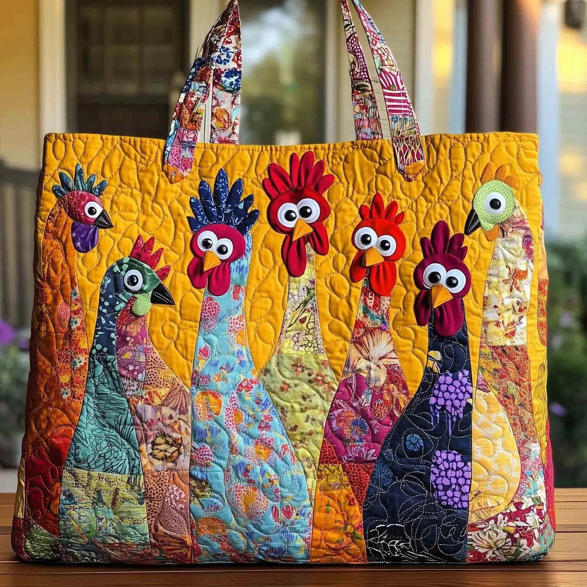 New Digital Printed Quilted Tote Bag - Cute Chicken Patchwork Design, Commuting & Leisure Use, Ideal Birthday Gift, Quilted Fabric Shoulder Tote Bags for Grocery & Travel (Sports & Outdoor Gym Accessory), Multi-Functional Shoulder Bags, Sporty Gym Bags su