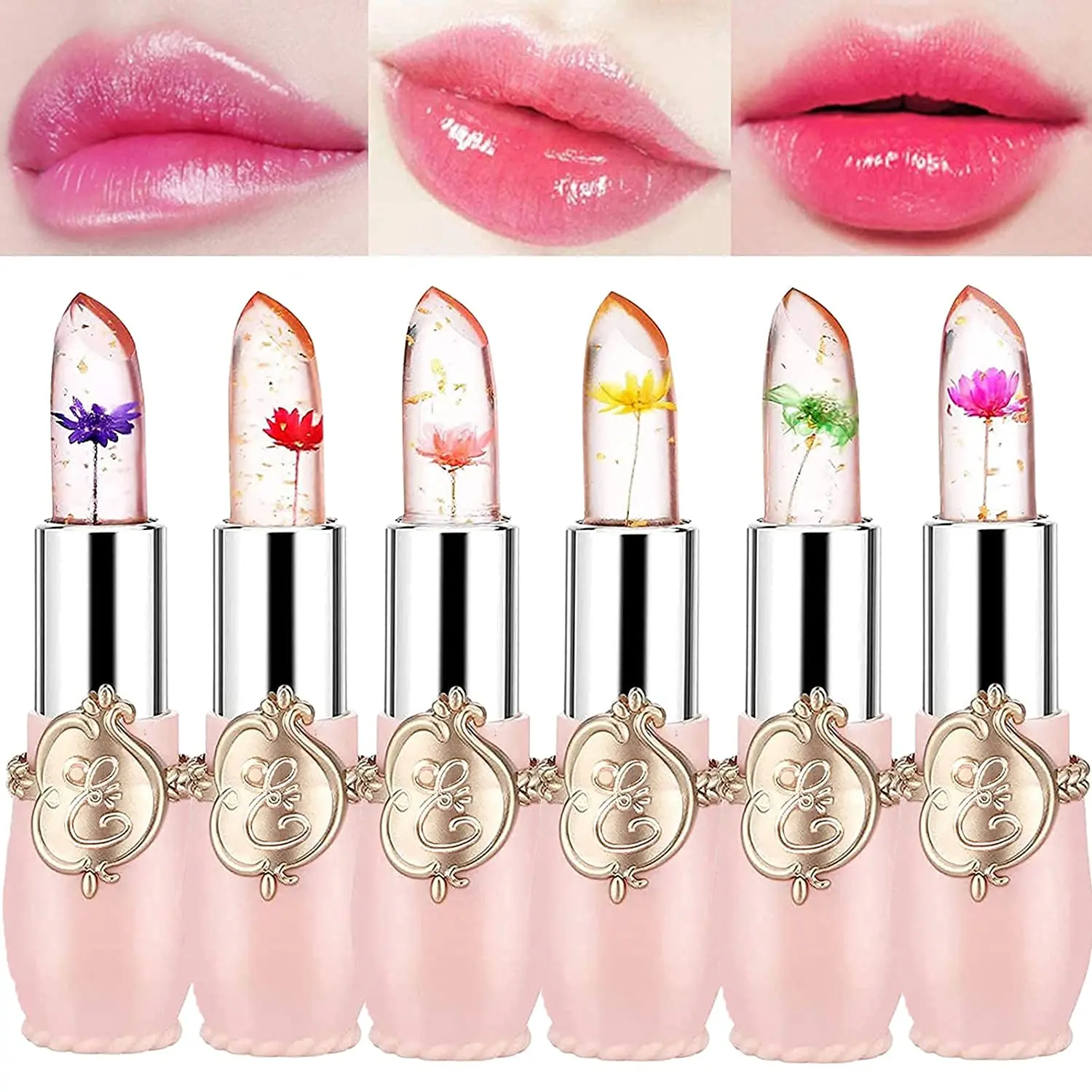 QIUFSSE 6/12PCS Flower Jelly Lipstick Set,Temperature & pH-Activated Color Change, Infused with Real Flowers, Moisturizing & Long-Lasting Glossy Finish Hydrate Lip Care