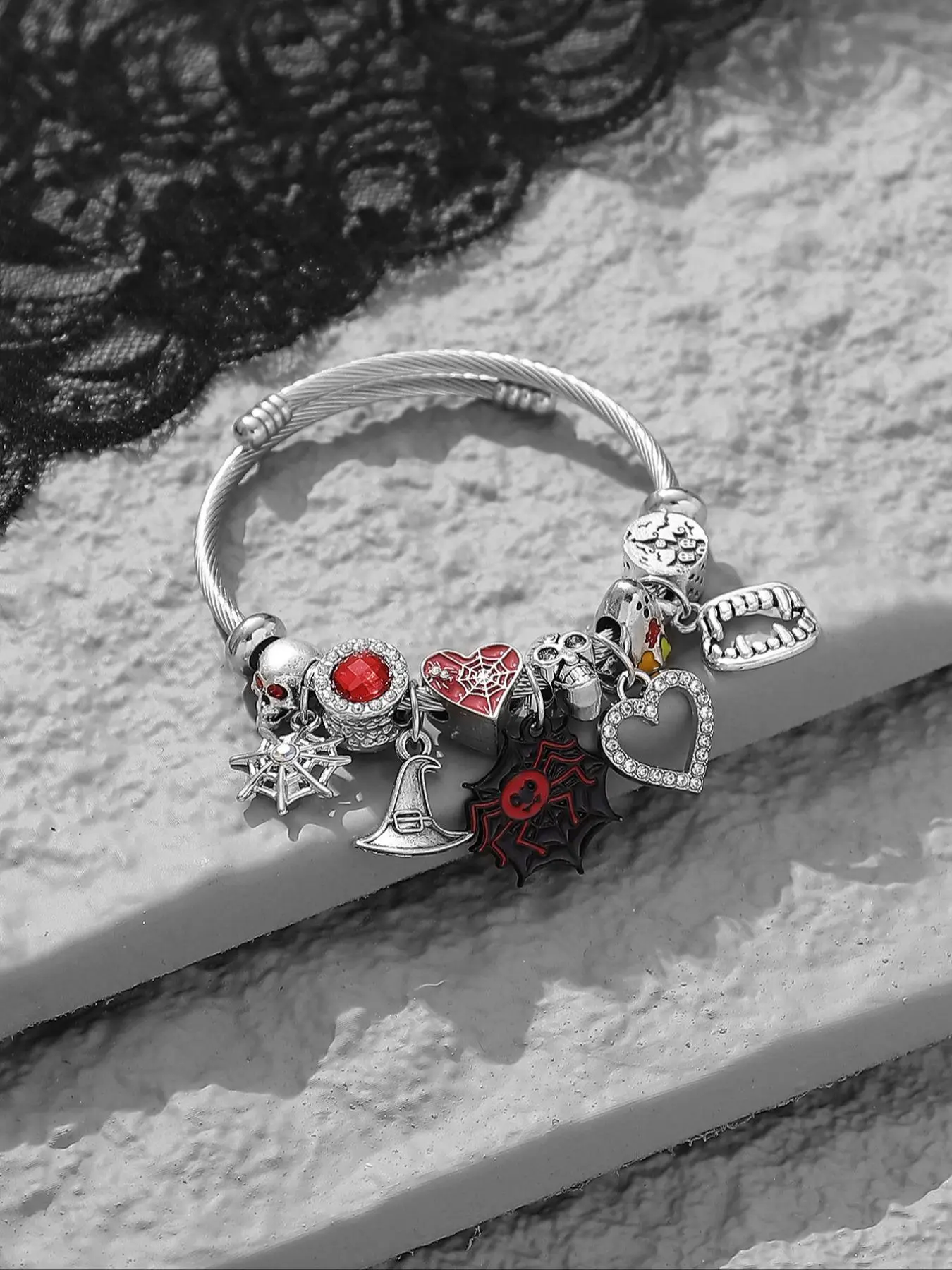 Creative Open Stainless Steel Trendy Bangle Bracelet with Charms, with Punk Spider & Rhinestone Decor Heart & Skull Head & Magic Hat Charm, Fashion Punk Jewelry for Women & Girls, Valentine's Day, Gift