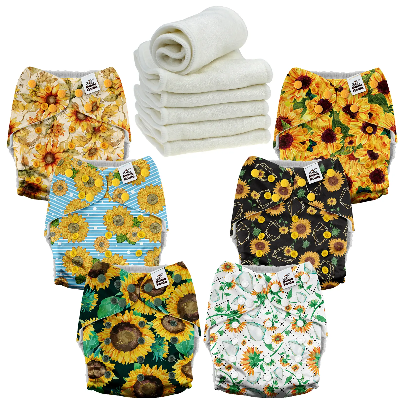 Mama Koala 3.0 Pocket Cloth Diapers for Babies with AWJ Lining, 6 Pack with 6 4-Layer Natural Cloth Diaper Inserts - Reusable and Washable Pocket Diapers(1010A)