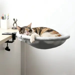 Pet Record Adjustable Cat Desk Bed, Sunken Design Cat Hammock, Supports Up to 50 lbs, Sturdy Metal Frame with Secure Clamp, Removable Faux Rabbit Plush Cover, Perfect for Home or Gaming Desk