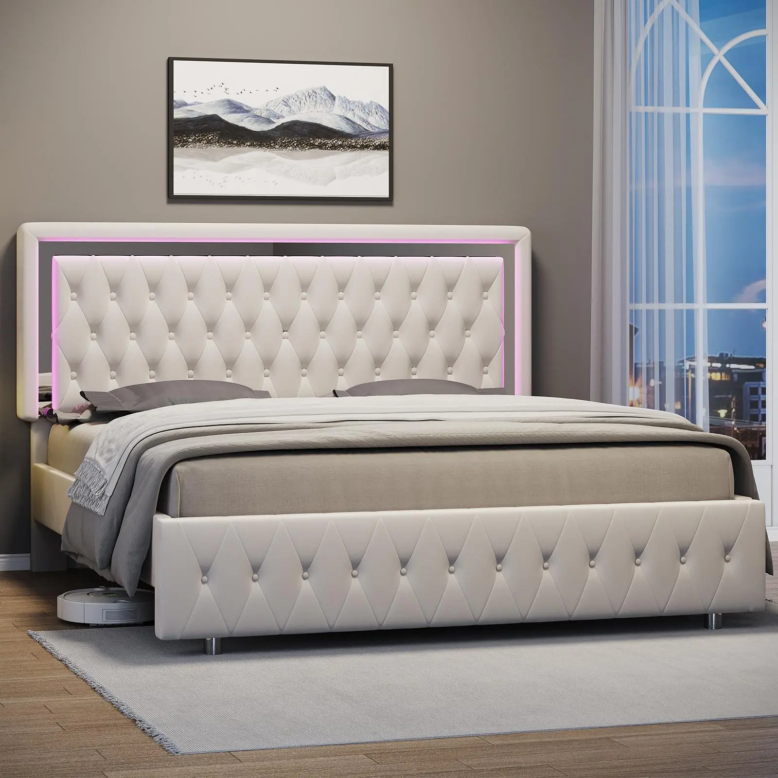 AMERLIFE Modern Bed Frame with RGB LED Lights, Adjustable Headboard Velvet Button Tufted/Acrylic Mirror Accents/Smart APP&Remote Control/No Box Spring Needed/Furniture Room/Full/Queen Size/Best Gift Ideas/Christmas Gifts[tiktokshopbacktoschool][SohoChic]