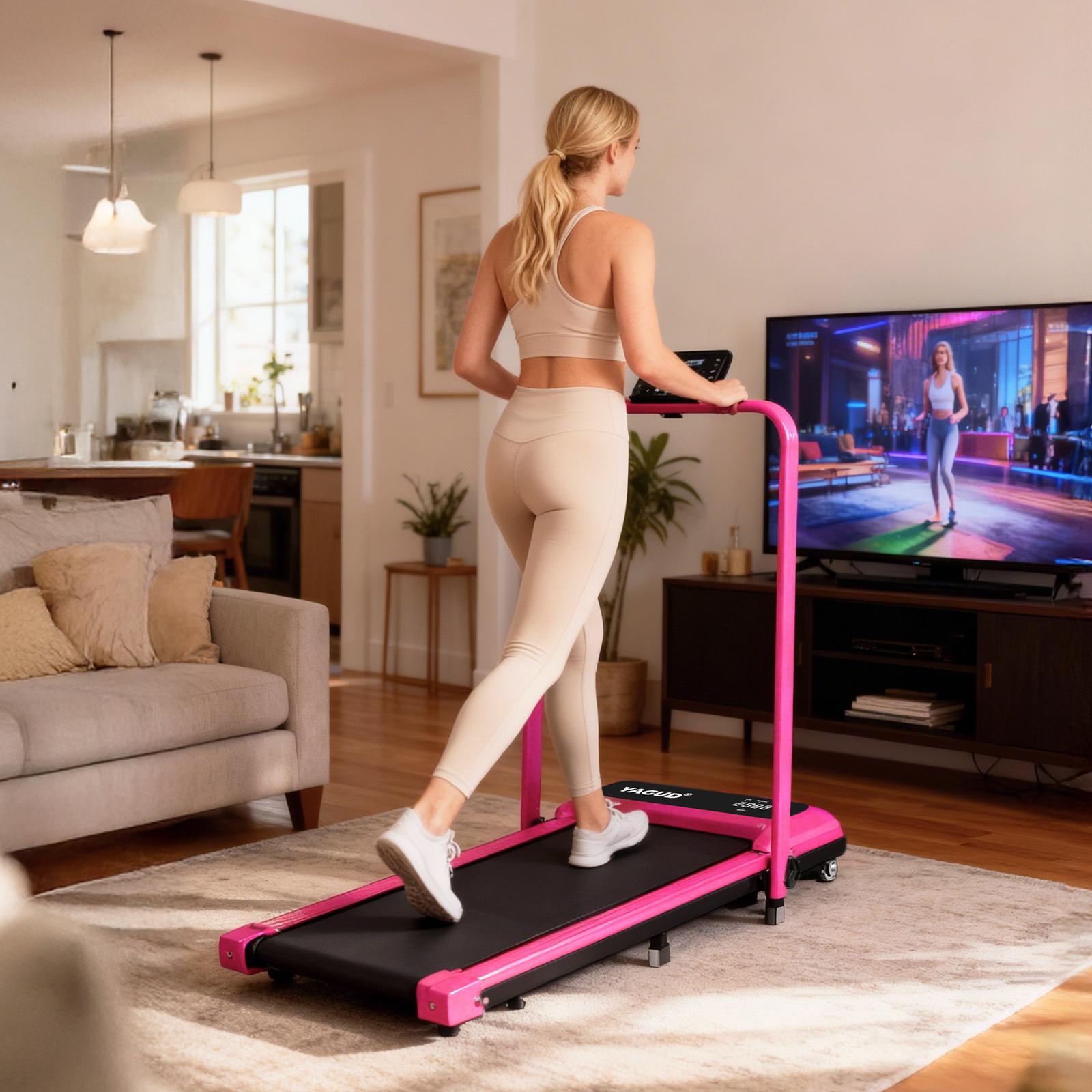 【New Arrival】SUMMERVIBES YAGUD Electric Folding Treadmill with Handrail, Low Noise Motor – 265lbs Weight Capacity Spacious Belt Walking Pad, Dual Shock Absorption, Remote Control & Wheels for Easy Moving – Includes Free Resistance Bands and Remote