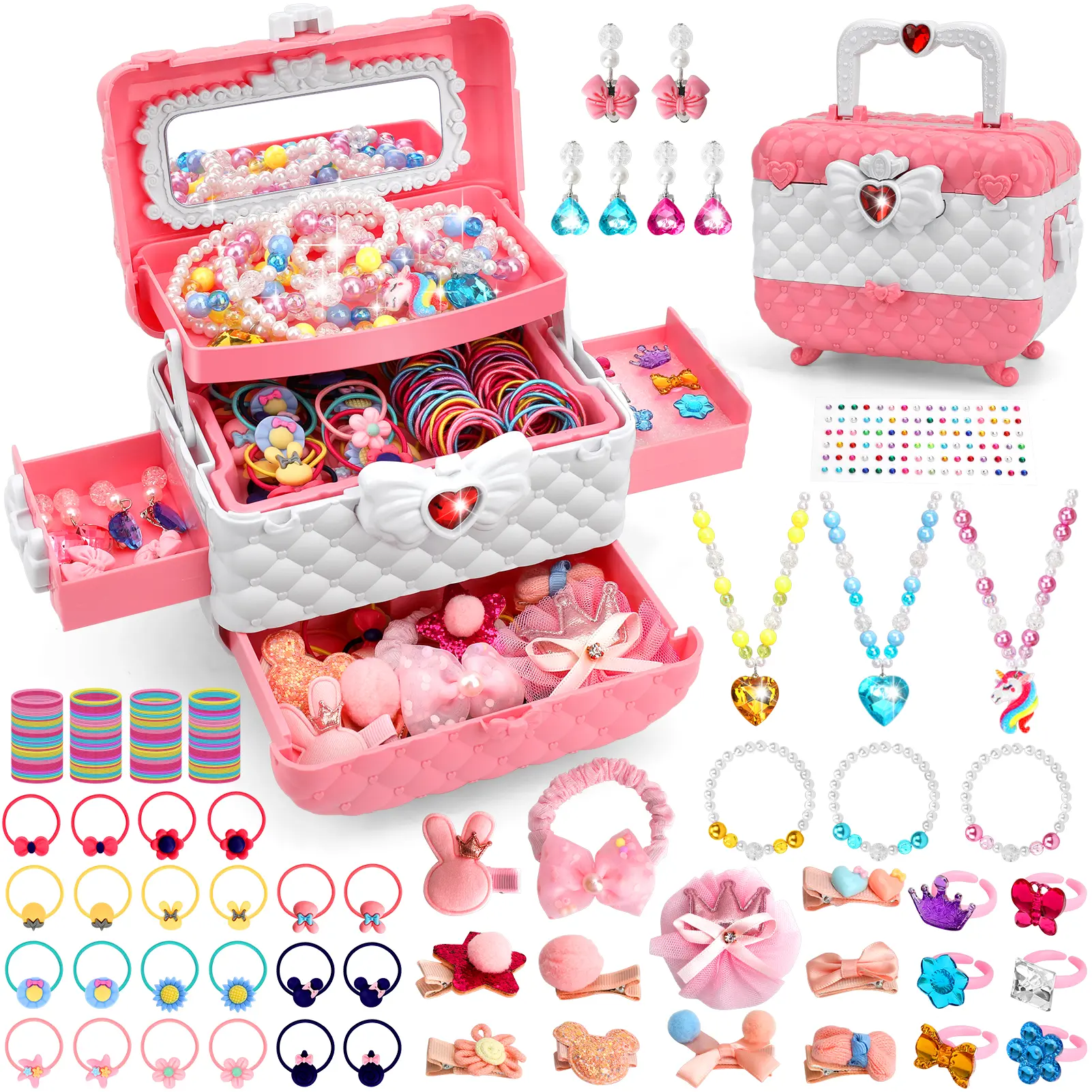 DeluxeGirls Princess Dress Up & Jewelry Set, Kids Pretend Play Beauty Toys with Storage Box, Hair Accessories, Necklaces, Earrings, Rings, Bracelets, Ideal Birthday Gift for Girls Age 3-12