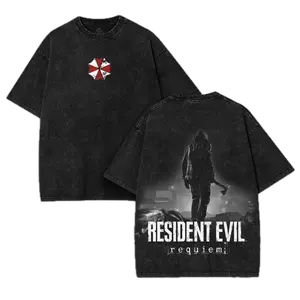 Resident Evil Requiem - Leon S Kennedy RE9 horror Game Washed Tshirt 2 Sided Cotton unisex graphic tees game anime manga movie Menswear Casual gamer merch t-shirt Clothes Top