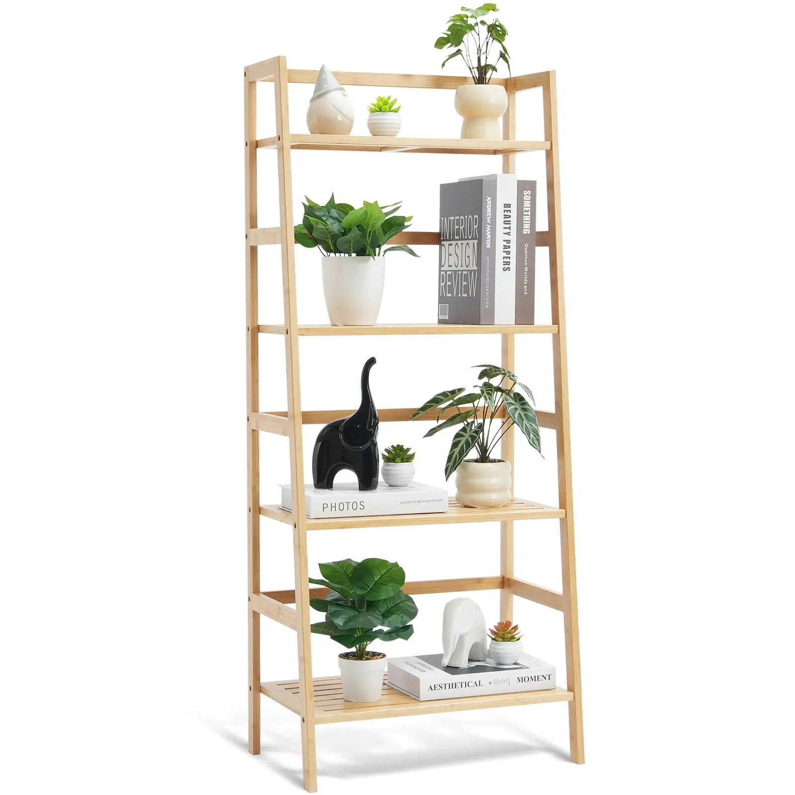 【SummerFinds】VEVOR 4-Tier Bamboo Ladder Shelf,  , Trapezoid Open Bookcase, Display Storage Rack Organizer, Freestanding Flower Plant Stand, Ladder Bookshelf Ideal for Bathroom, Bedroom, Office, Study, Natural