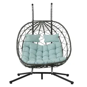 2-Person Thick Wicker Egg Hanging Basket Swing with Stainless Steel Floor Stand, Outdoor Porch Swing with UV-Resistant Ergonomic Foldable Easy-Maintenance Design, Water-Resistant Sturdy Option for Backyard (Assembly Required)