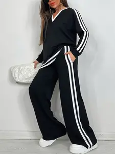 Plus Size, Plus Size Women's 2pcs Oversized V-Neck Long Sleeve Top and Pants- Solid with Piping& Slit Hem, Loose-Fit Casual to Formal Outfit, All-Season Suitable