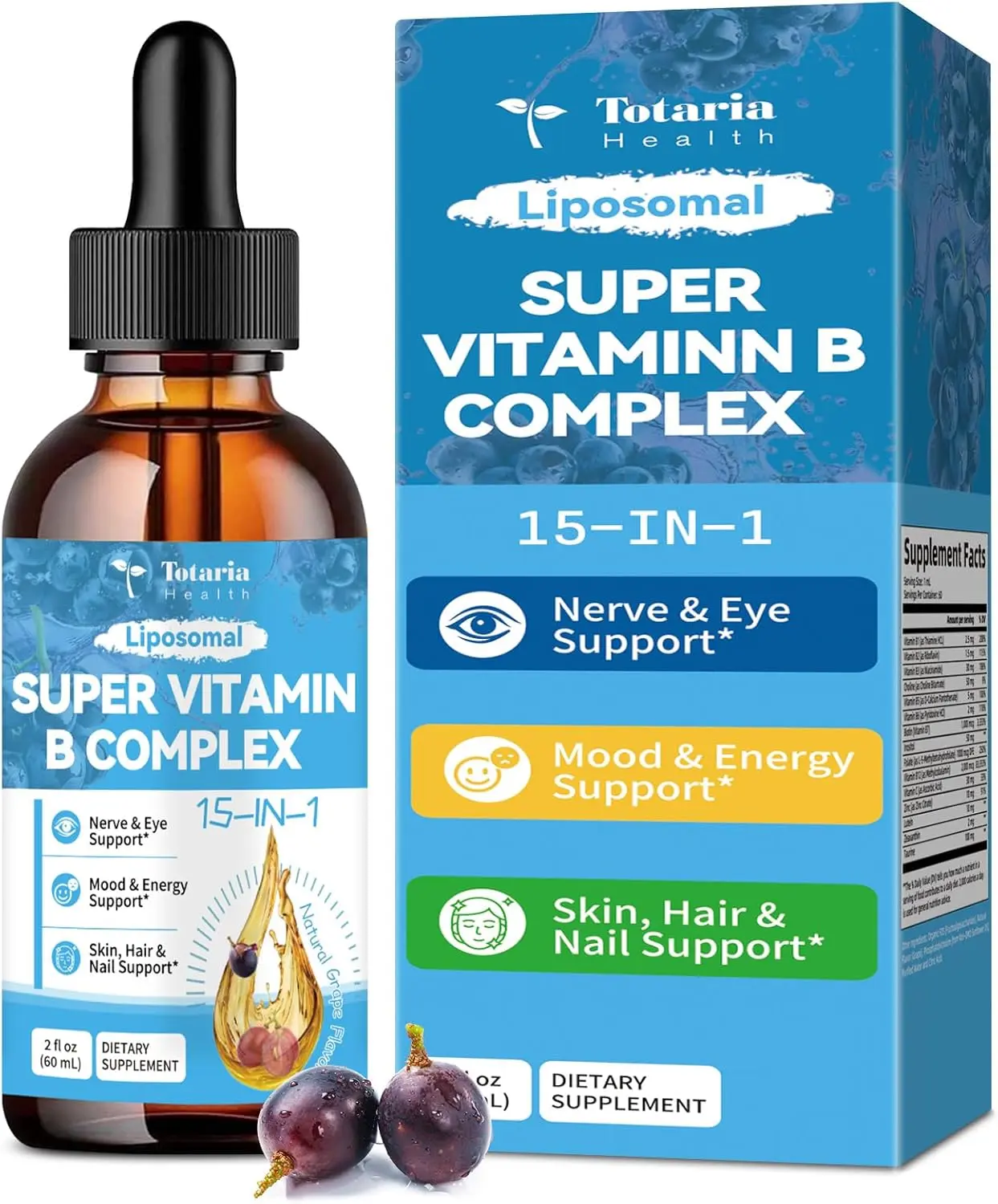 15-in-1 Liposomal Vitamin B Complex Pro, B Complex Drops with Vitamin B1, B2, B3 Niacinamide, Choline, B5, B6, B7 Biotin, Inositol, Folate, B12, Zinc, Lutein, Zeaxanthin, Taurine, Vitamin C, 2 fl oz