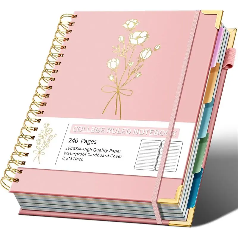 Hardcover Spiral Notebooks 8.5" X 11" Note Taking 5 Subject Notebook College Ruled with Dividers 240 Pages 100GSM Aesthetic Spiral Notebook for Work School Cute Journals for Women Writing