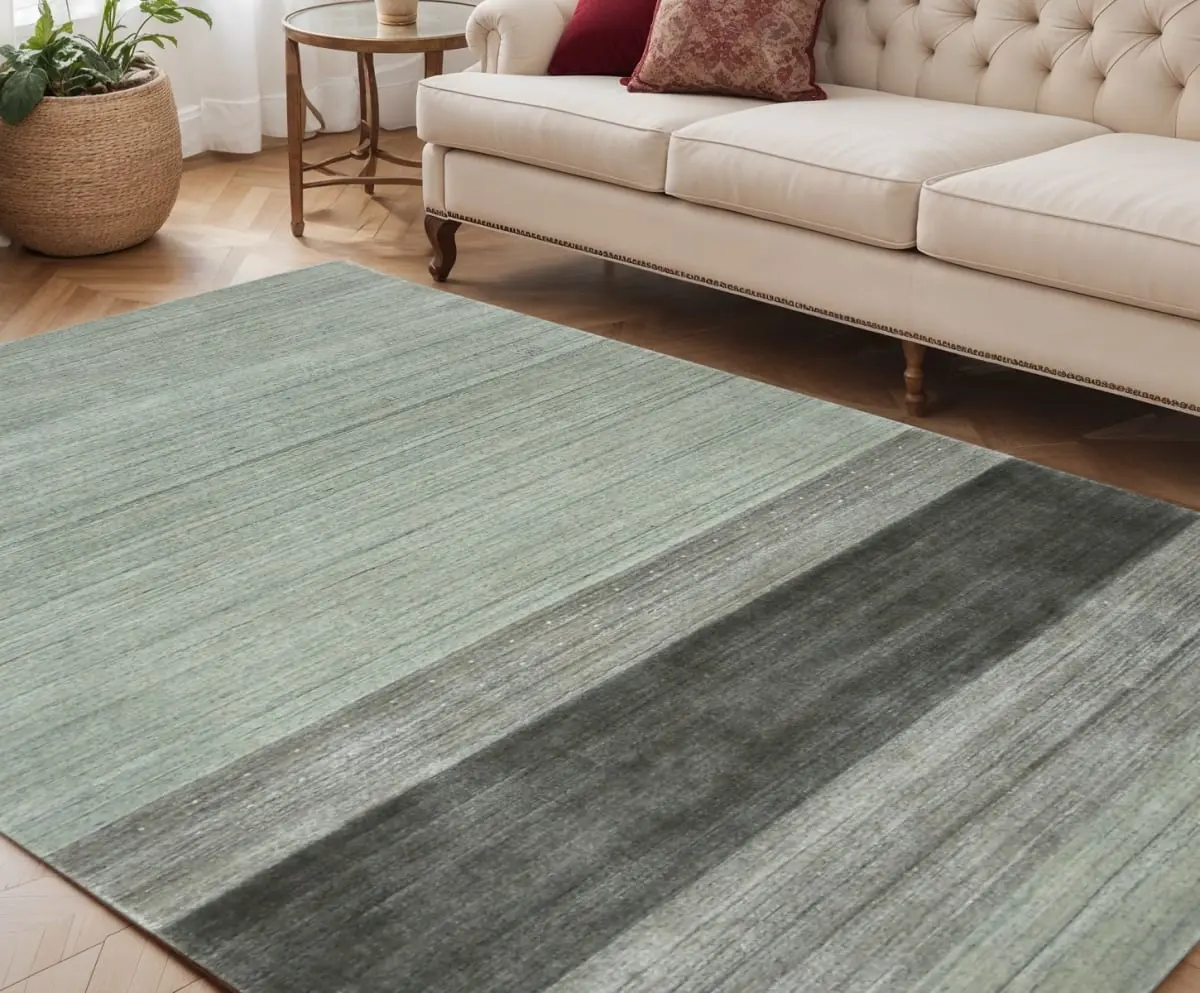 360 stand Hand Woven Gray & Light Green Striped Wool Rectangle Area Rug, 5x8 ft, Handcrafted Transitional Rug, Handcrafted Rug