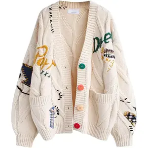 Women's open front knitted long sleeved button embroidered open front woolen sweater