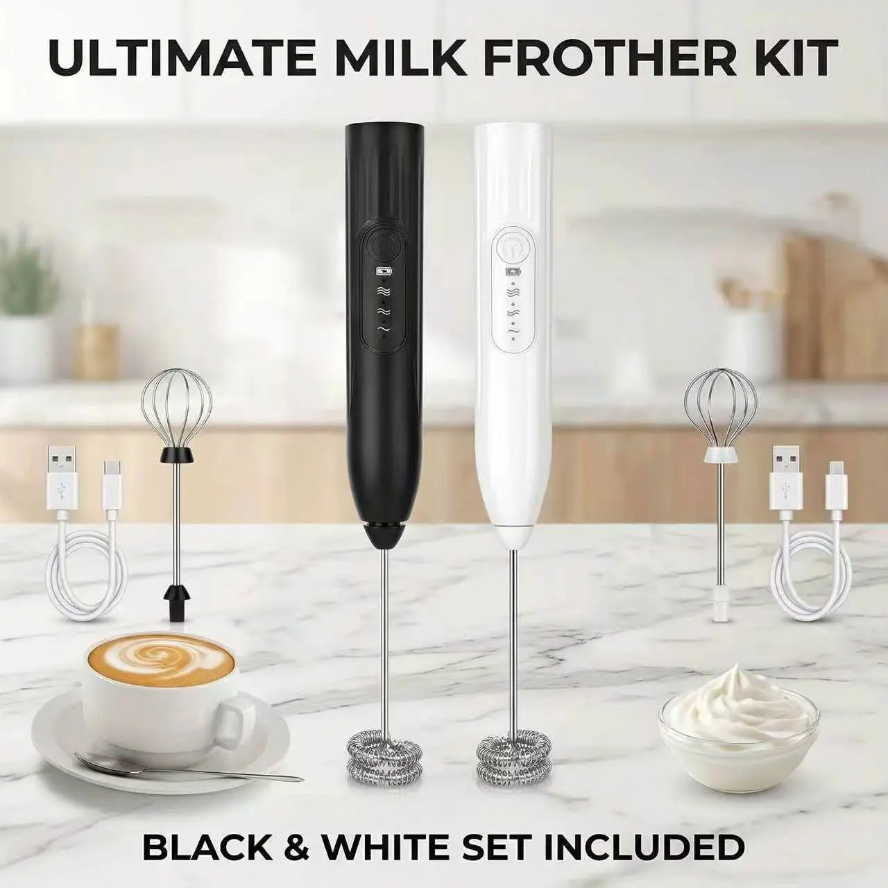 Detachable Rechargeable Handheld Electric Coffee Frother - Coffee Equipment with Dual Stainless Steel Mixing Heads, Multi-Purpose Kitchen Mixer for Latte, Cappuccino Foam, Matcha Froth Tool, Recharge & Go