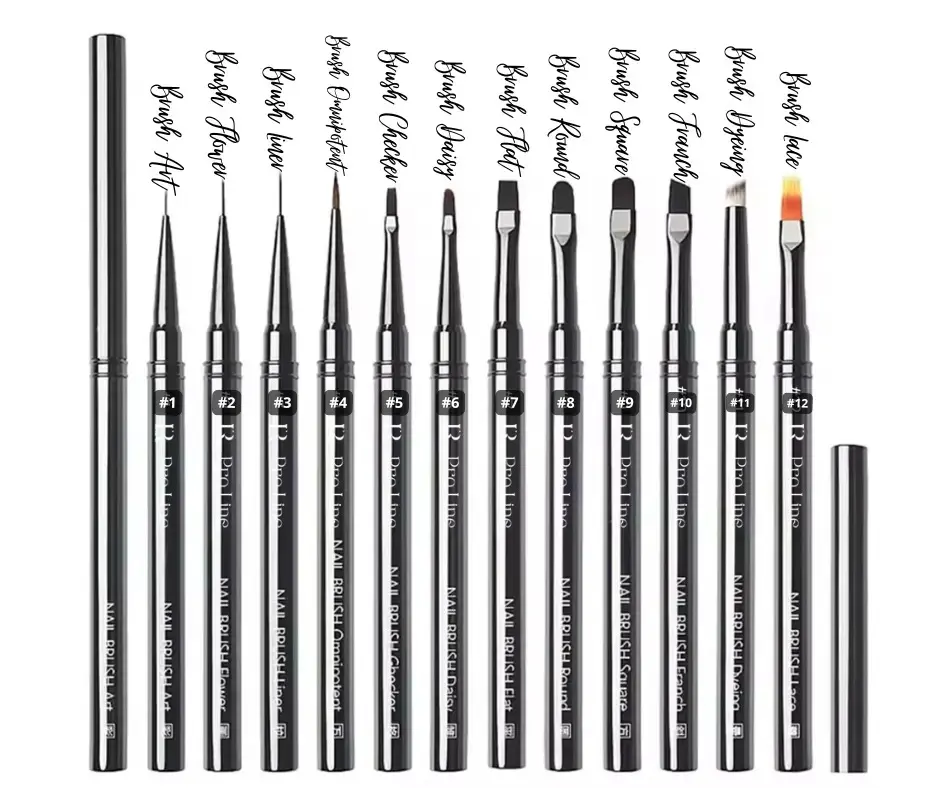 LR PRO LINE Professional Nail Art Brush Collection - 12 Styles with Metal Handles, Gel, Acrylic, Liner, Detail Brushes for Manicure & Pedicure, Twelve Styles