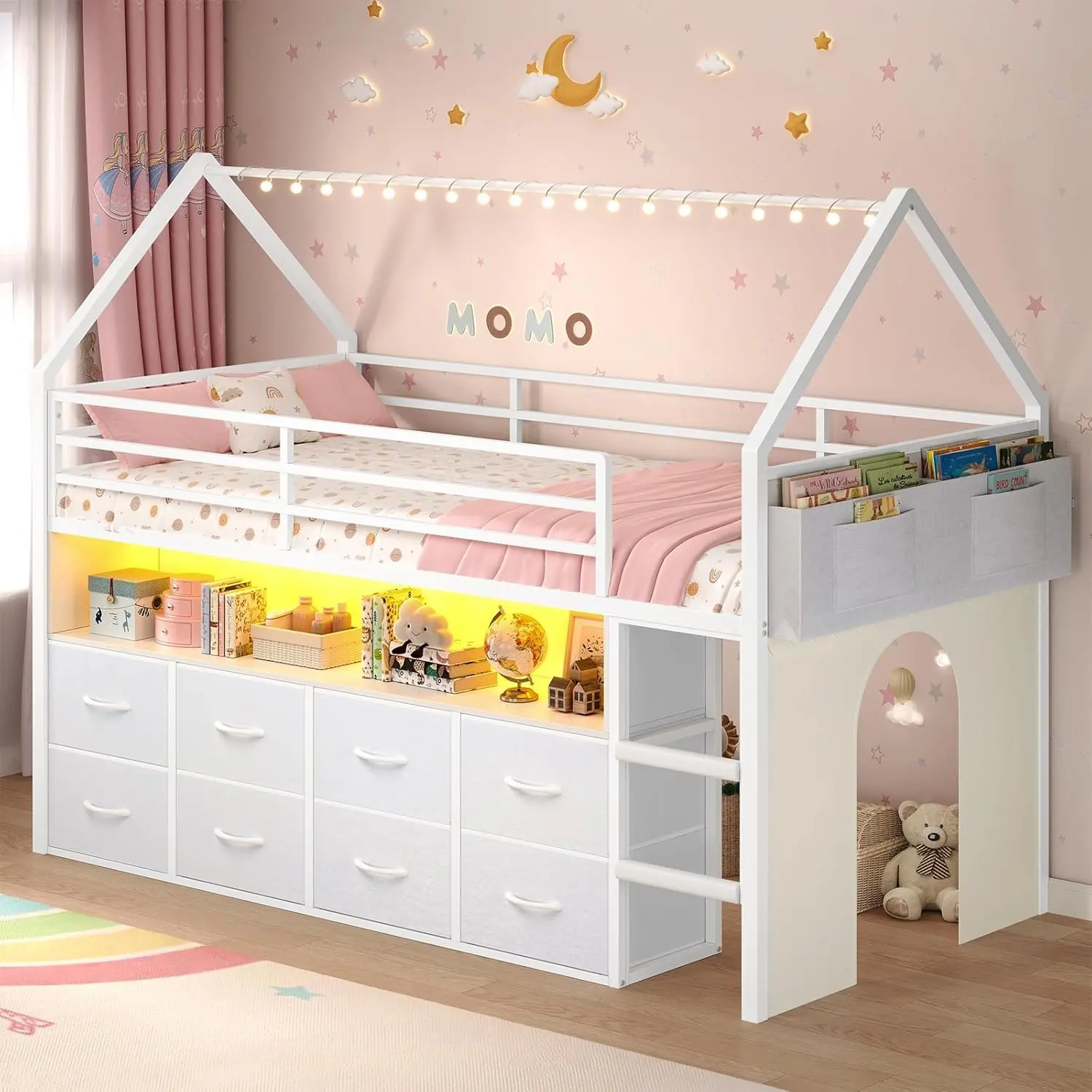 Sikaic Twin Size Loft Bed with 8 Storage Drawers & LED Lights, House Shaped Metal Loft Bed Frame with Bookcase, Soft Foam Ladder, 13.4" High Safety Guardrail, Space-Saving Design, Curtain, Home Furniture, Dorm Essentials [tiktokshopbacktoschool]