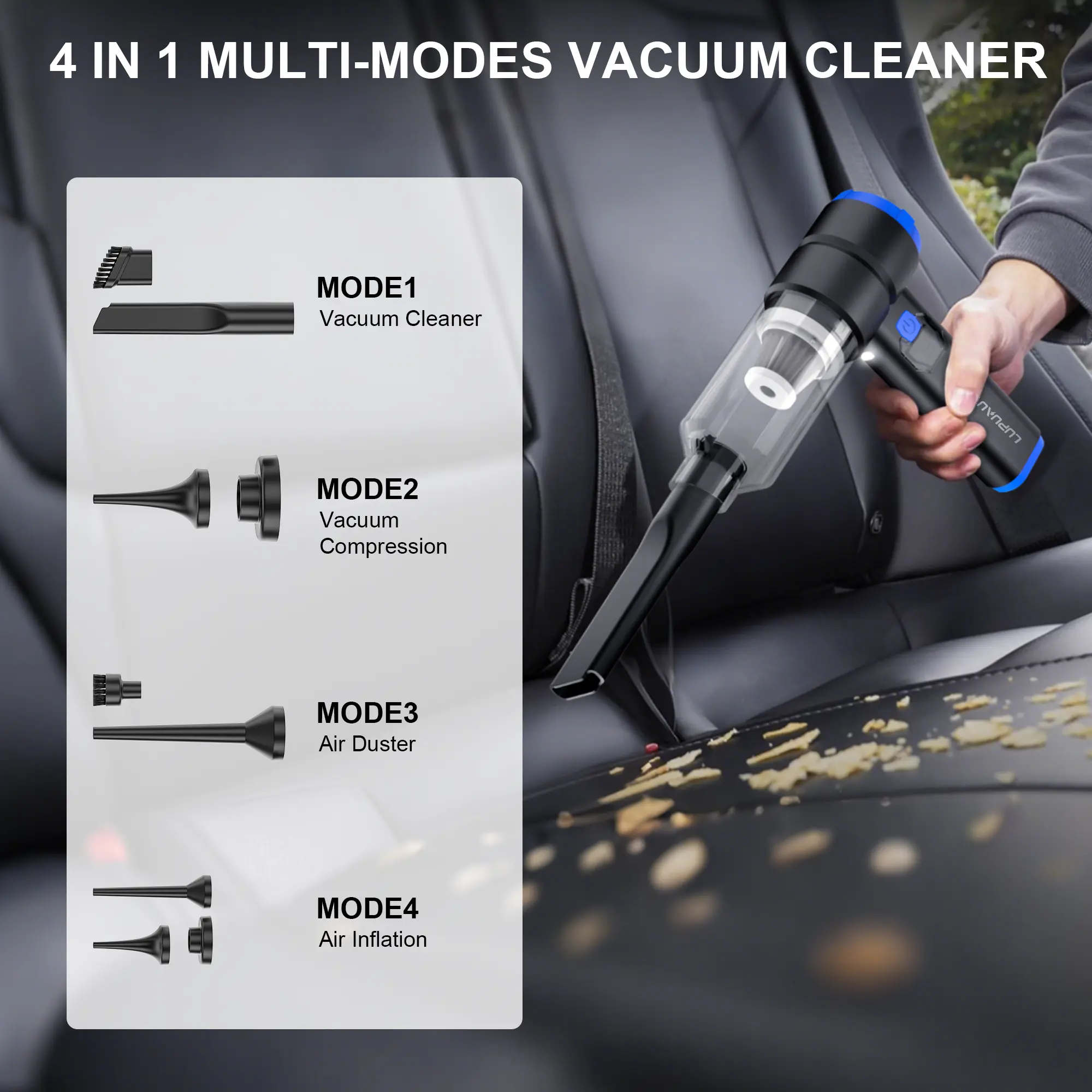 LupuAuto Portable Handheld Car Vacuum 5200mAh, 4-Speed Suction, LED Light, Type-C Rechargeable, for Home, Office, Pet Hair & Keyboard Cleaning, Car Detailing, Cars Accessories