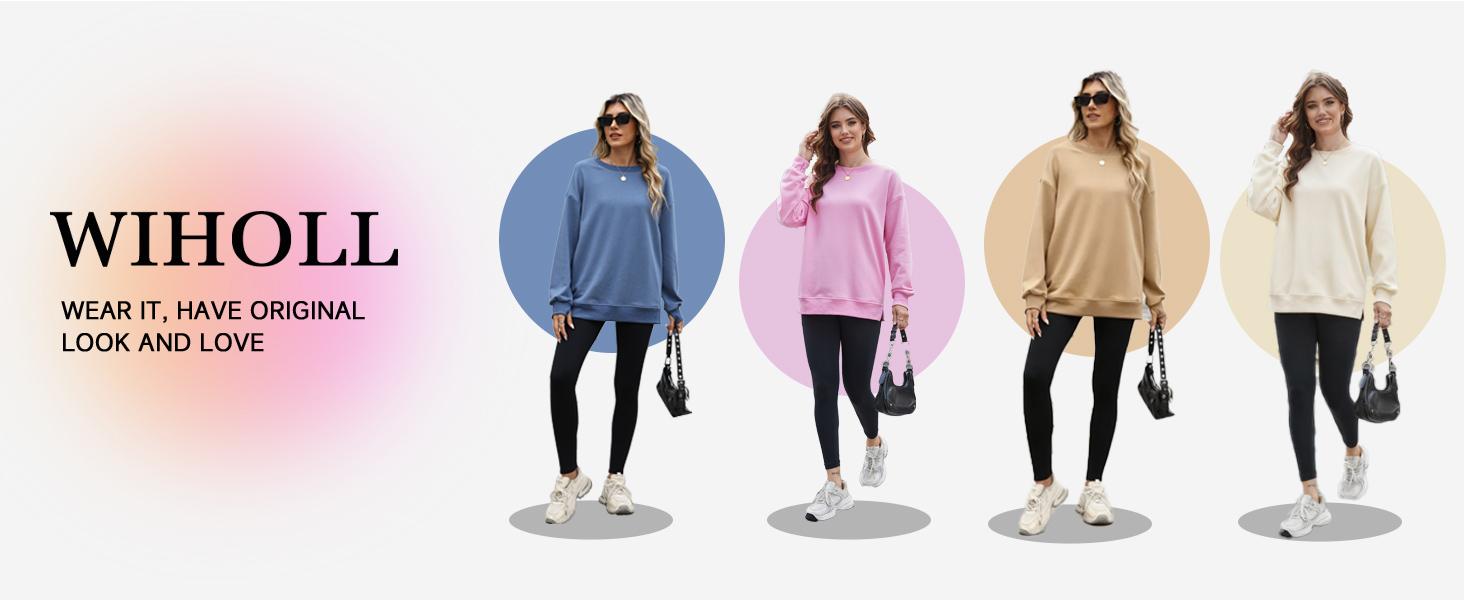 WIHOLL Women's Crewneck Thumbhole Sweatshirt with Dual Pockets - Flattering Oversized Fit for Effortless Fall Style
