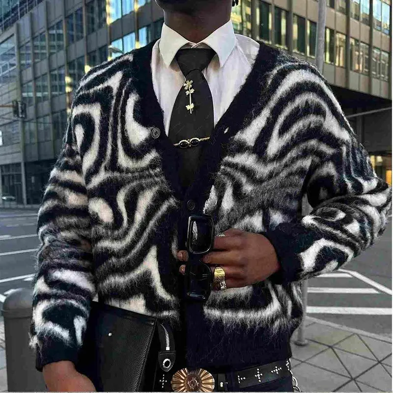 Men's 2026 Stylish Casual Zebra Print Fuzzy Knit Cardigan - V-Neck, Button-Up, Long Sleeve, Classic Menswear Soft Fluffy Sweater Jacket for Fall Winter