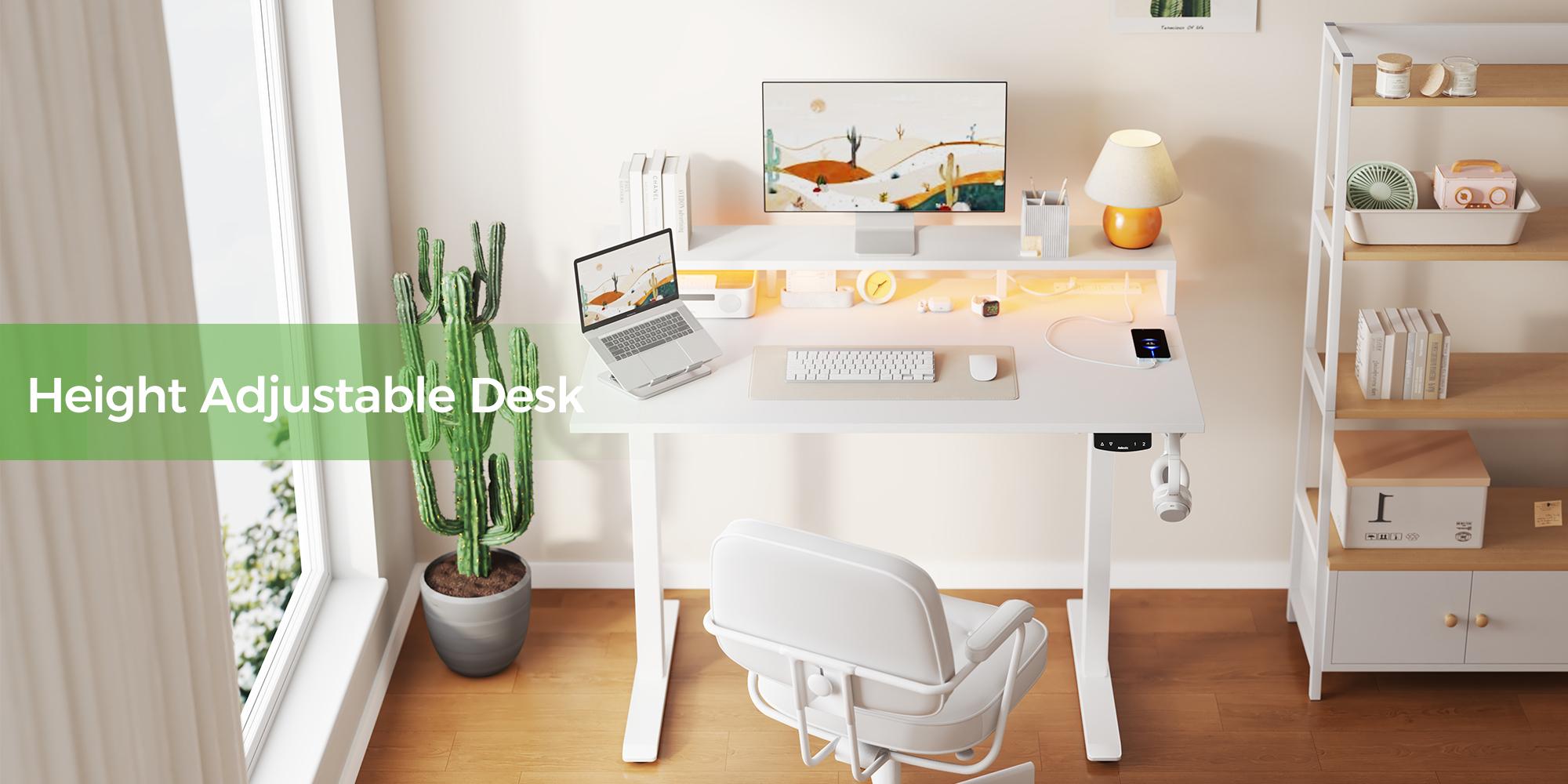 Agilestic 47.2 inch Electric Standing Desk with Power Outlet and LED Light Strip, Height Adjustable Sit-Stand Desk with Storage Shelf & Hooks, Home Office Computer Desk with Memory Buttons,Gaming Desks Gifts for Men and Women,White/Black/Rustic Brown