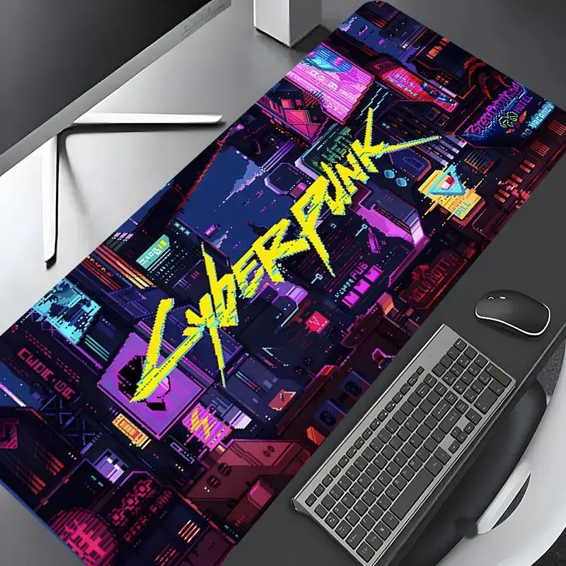 Cyberpunk Urban Night Scene  Pattern Desk Mat, Rectangle Gaming Desk Mat, Non-slip Rubber Pad, Desktop Decoration Protection Pad for Home Office, Mousepad