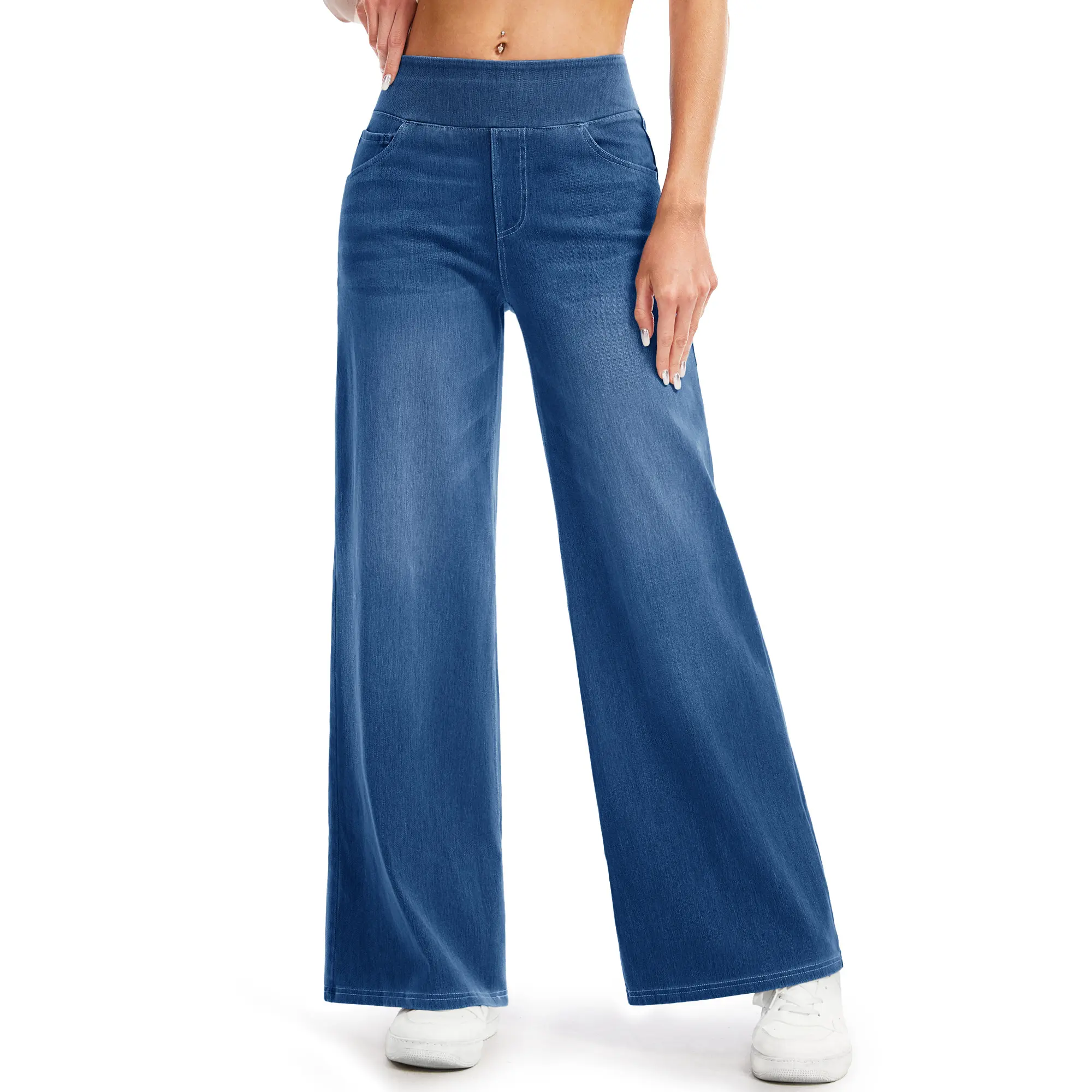 MAGCOMSEN Wide Leg Stretchy Jeans for Women Loose Fit Elastic High Waist Pants Pull On Baggy Fit Jeans Tummy Control Trousers Casual Work Wear FallFreshness Outdoorfun Bottoms Fathersdaygift Functional Pockets,back to school shopping