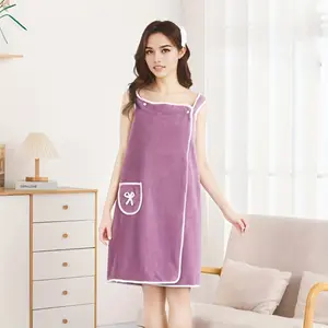 1PC Women's Quick-Dry Wearable Bathrobe, 31x51 Inch Coral Fleece Robe Dress with Bow & Pockets, Soft Absorbent Shawl Wrap Secure Snap Closure, Cozy Loungewear for Beach Swim Spa Shower Pool Home Daily Wear