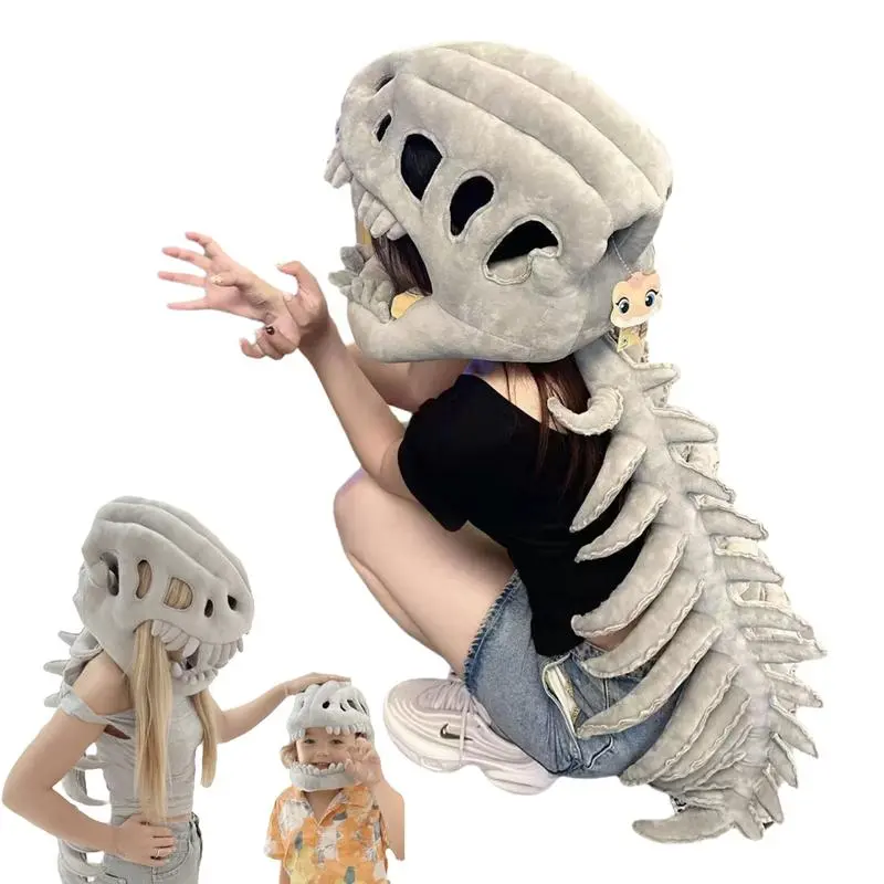 Dinosaur Skeleton Costume Set for Adults-Kids, Plush Skull Outfit with Comfortable Headgear, Spine Accessories, Authentic Skeletal Appearance, Realistic Look, Animals/Insects/Dinosaurs Themed for Halloween Cosplay