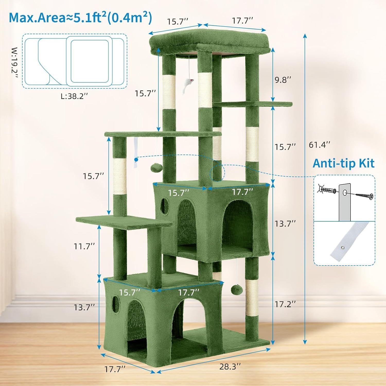 61" Large Cat Tree Tower for Indoor Cats, Heavy-Duty Multi-Level Cat Condo for Maine Coon & Big Cats with Extra-Large Perch, 2 Spacious Houses, Sisal Scratching Posts & Hanging Toys 61" Large Cat Tree Tower for Indoor Cats, Heavy-Duty Multi-Level Cat Condo for Maine Coon & Big Cats with Extra-Large Perch, 2 Spacious Houses, Sisal Scratching Posts & Hanging Toys